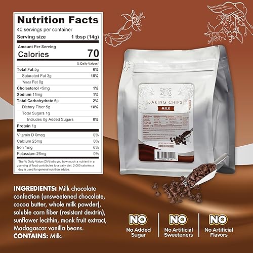 Miniatura 2 de ChocZero Chips de chocolate con leche, sin azúcar añadida, keto y bajo en carbohidratos, sin gluten, sin alcoholes de azúcar, bolsa de 20 onzas para