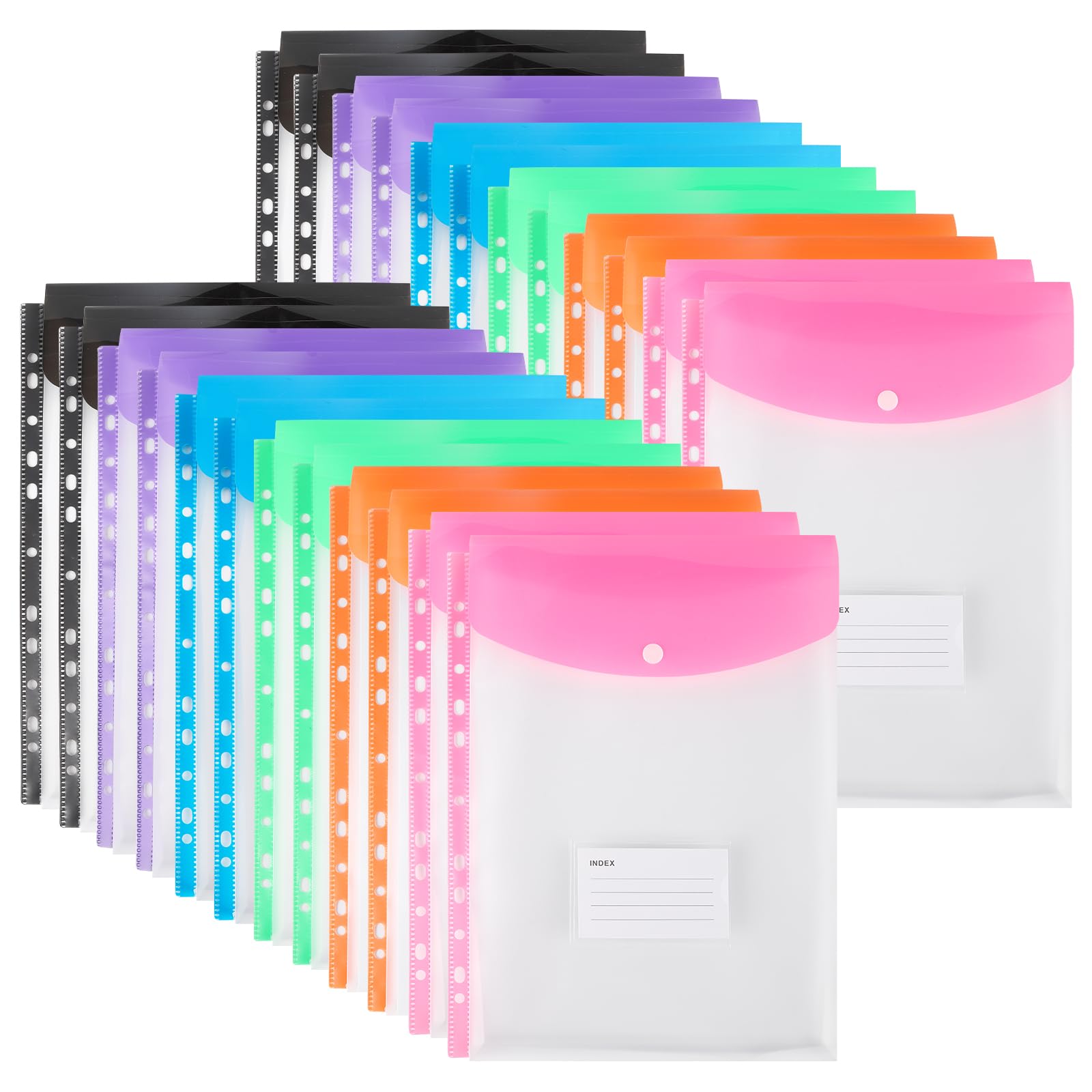 Plastic Wallets A4 Punched Pockets, 11 Holes Expandable Binder Folders for 2/3/4 Ring Document Pouch with Snap Button & Label Loose-Leaf Transparent for Office School Home (24 Pack - Top Open)