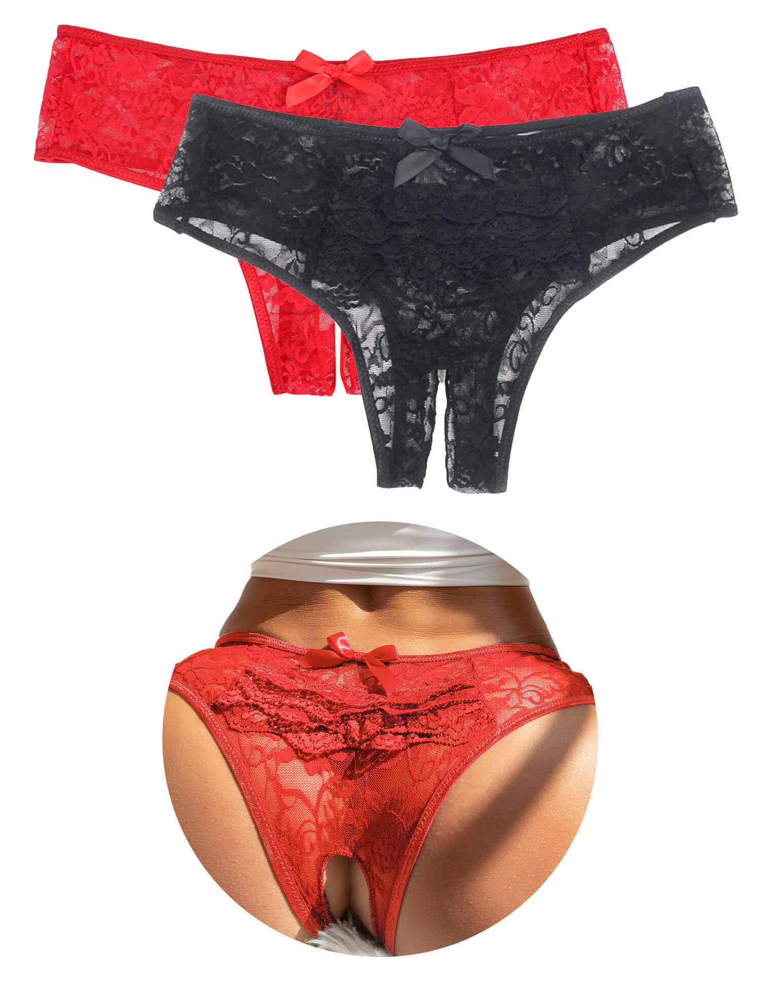 ohyeahlady String Tanga Damen Sexy Erotisch Höschen Ouvertslip Spitze Unterwäsche Dessous mit Offener Schritt Slip Große Größen Panty Hipster Soft Blumen Loch Schwarz+Rot,L