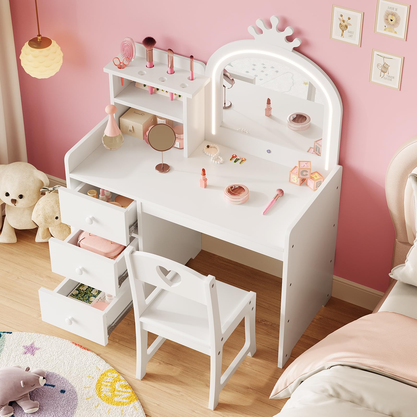 Garvee 2-in-1 Kinder Schminktisch Set – Weißer Holz Frisiertisch mit Spiegel & Beleuchtung, Hocker, 3 Schubladen, Abnehmbarer Aufsatz – Farbe: White