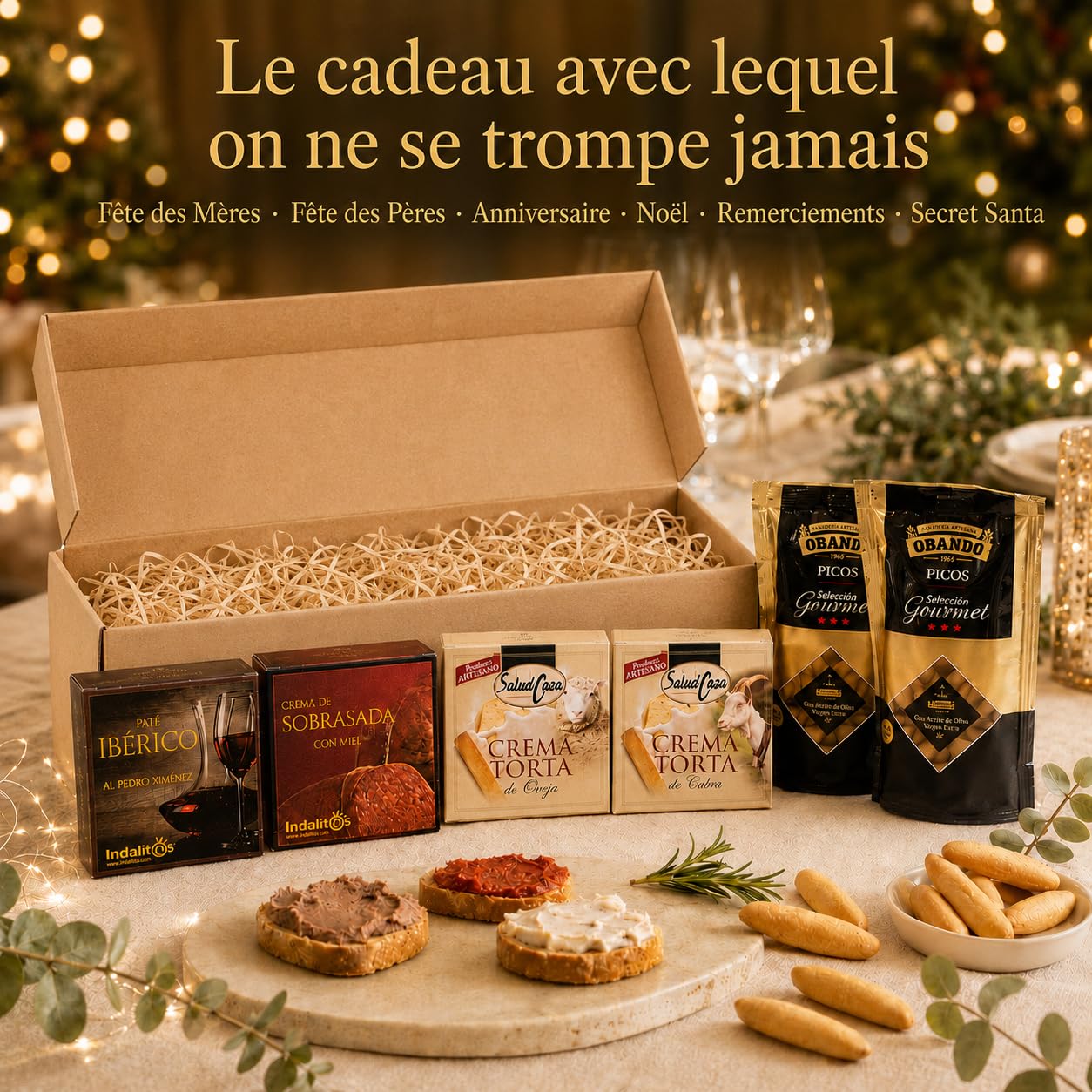 Panier gourmand a offrir, panier garni a offrir ACROL - Huile d'olive vierge extra 250ml, Pates iberiques, Fromages et picos artisanaux - Coffrets cadeaux gourmets · Cadeau Remerciement Maitresse