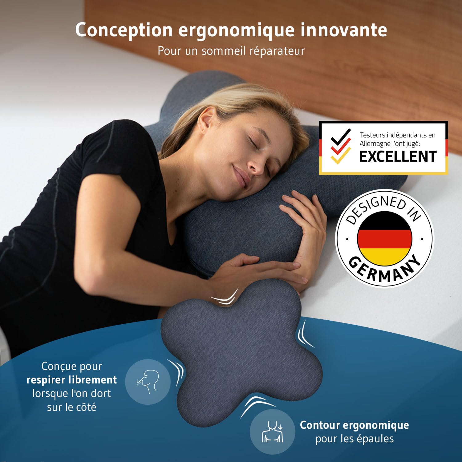 Oreiller cervical ACAMAR QuickDry à Mémoire de Forme pour dormeur latéral | Coussin ergonomique cervical idéal pour dormir sur le côté ou mi-côté ventre, housse avec thermorégulation et séchage rapide