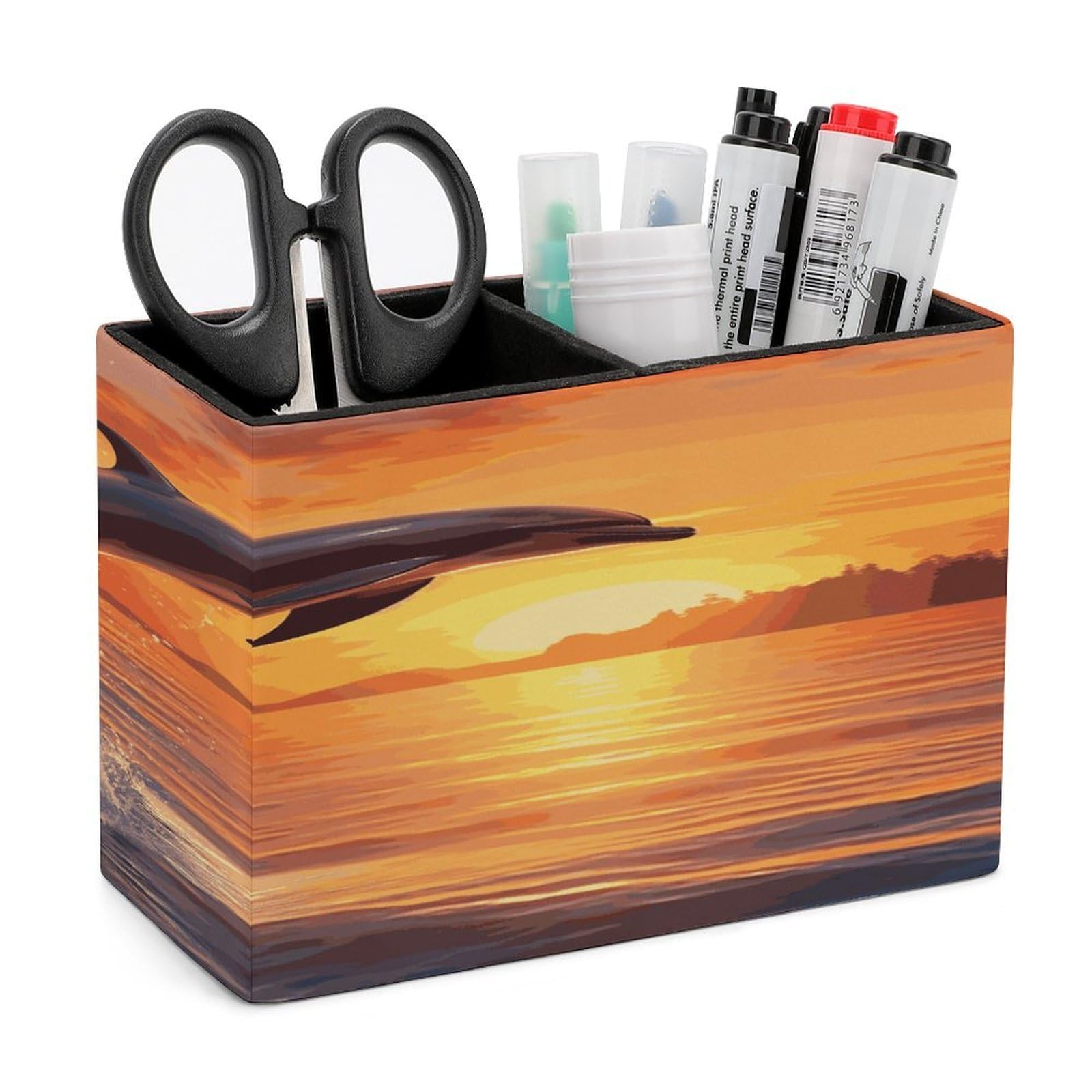LDGSUPH Sunset Dolphin Leather Pen Holder for Desk Organizer Caddy Large Pencil Cup Multi-function Pencil Holder Makeup Brush Holders Pen Organizer for Home Office Storage Box