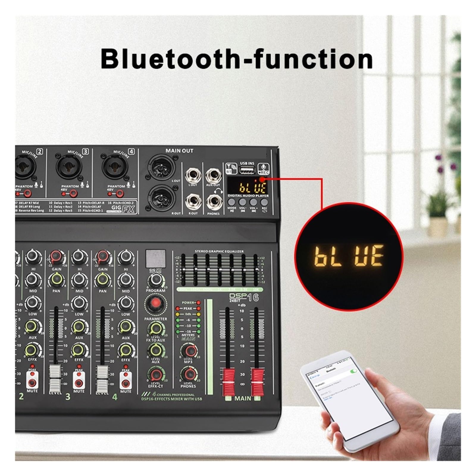 DJ Mix, Mixer DJ A 4 Canali Console di Missaggio Professionale 16 DSP Alimentazione Phantom 48V Individuale Riproduzione USB Registra Tavolo Professionale