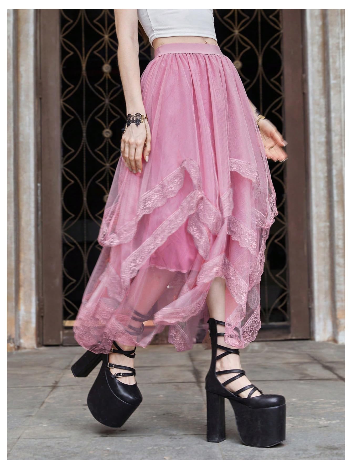 SHENHE Women's Lace Trim Layered Mesh Tulle Skirt High Waist Asymmetrical Long Goth Skirt: X-Small Light Pink