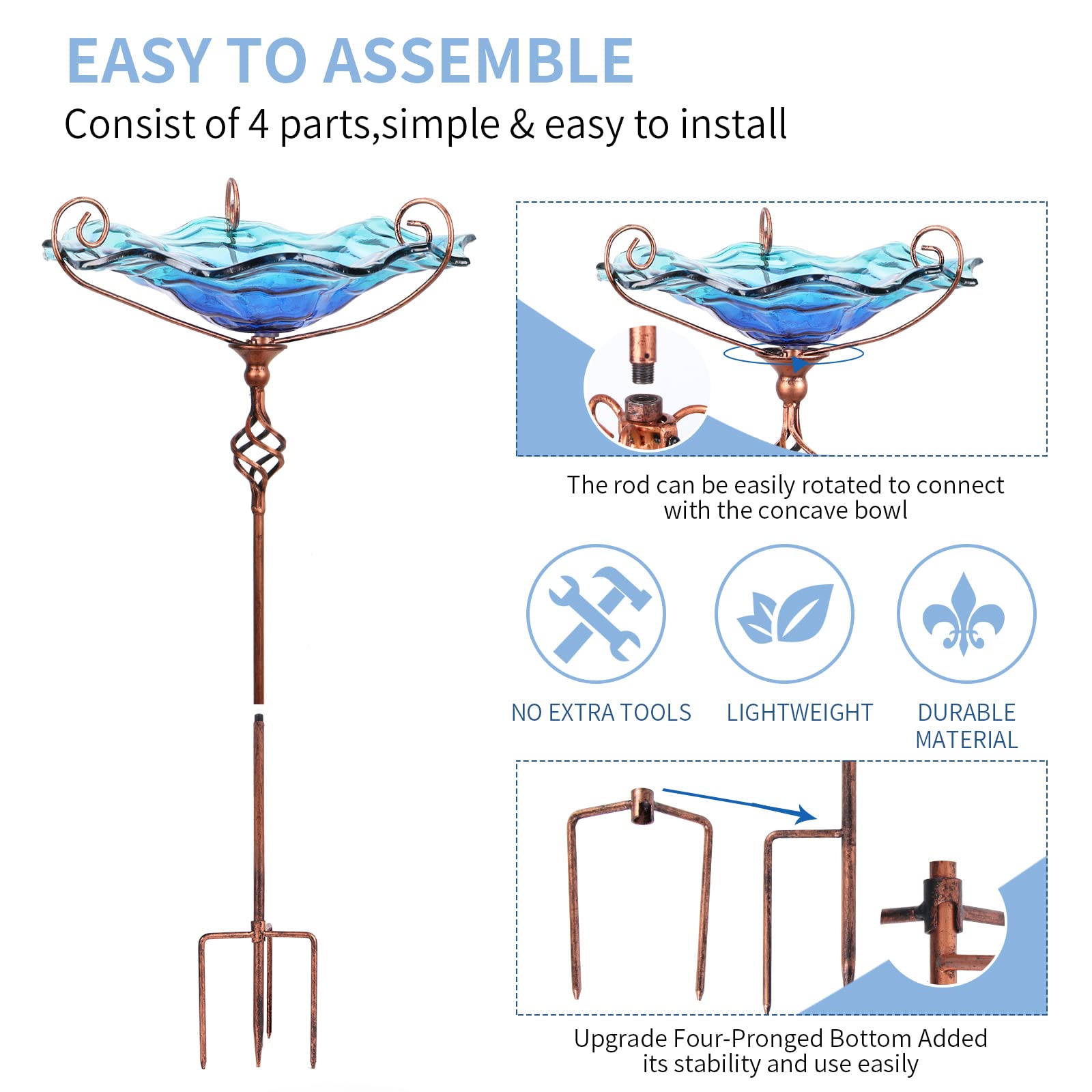 VCUTEKA Outdoor Bird Bath Glass Birdbath Garden Bird Feeder with Metal Stake Blue - image 6
