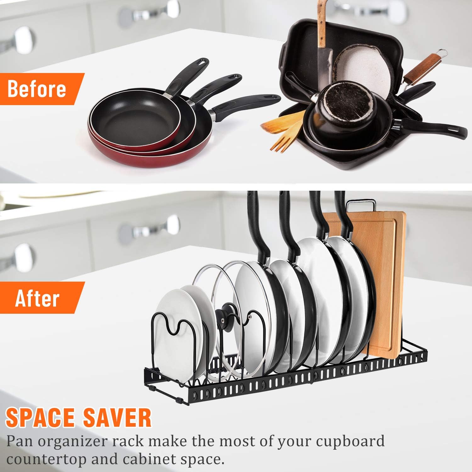 Expandable Pot and Pan Organizers Rack, AHNR 10+ Pans and Pots Lid Organizer Rack Holder, Kitchen Cabinet Pantry Bakeware Organizer Rack Holder with 10 Adjustable Compartments (Black) : Home & Kitchen