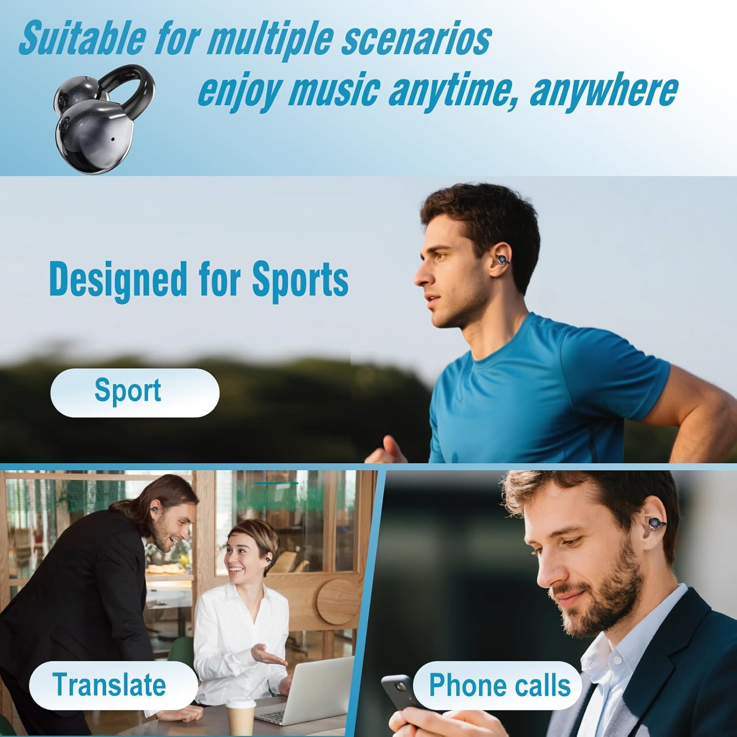 AI Translation Earbuds Real Time, 164 Language Translator Earbuds, 3-in-1 Wireless Clip on Earbuds, Bluetooth 5.4 Headphones, Translating Device for Travel Business Learning (Black) - Image 6