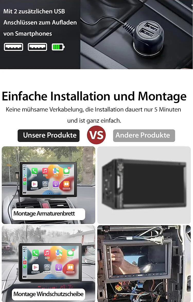 Lescars Apple Carplay Display: IPS-HD-Display für Android Auto & CarPlay, 9" / 22,9cm, 2K-Frontkamera (Auto Monitor, FM Transmitter, SD)