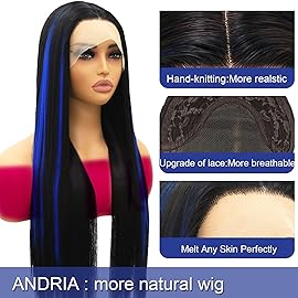 ANDRIA 13x4 HD Lace Front Wigs Blue Highlight on Black Hair Long Straight Synthetic Wig Pre-plucked Glueless Lace Wigs Heat Resistant Fiber Blue Colorful Wig With Baby Hair For Black Women 24 Inches