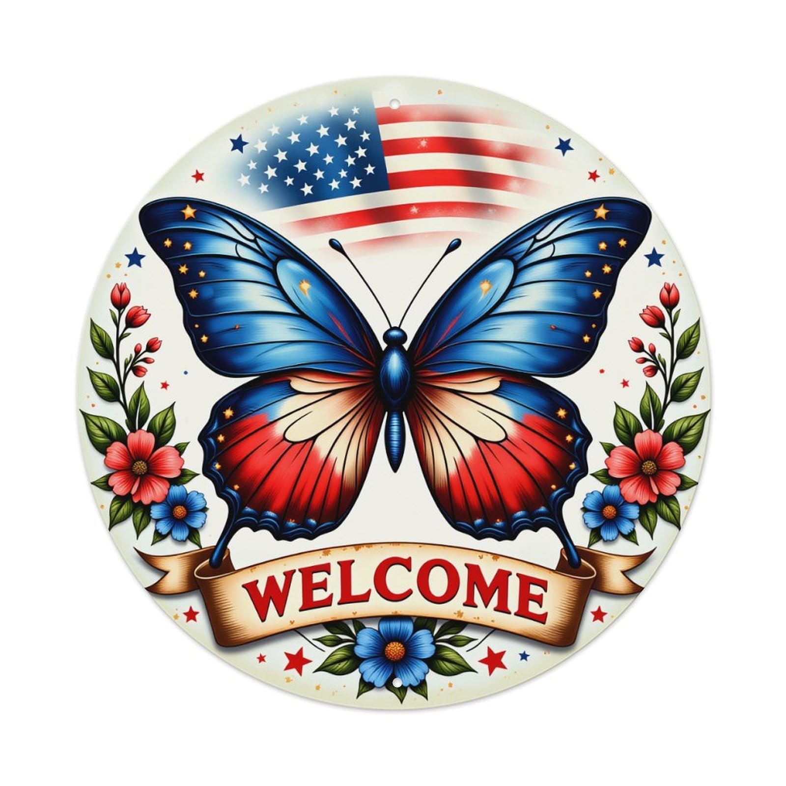 American Flag Butterfly Welcome Flowers Round Tin Sign Vintage Metal Poster, Home Bar Garage Man Cave Cafe Indoor & Outdoor Wall Decoration 8x8Inches