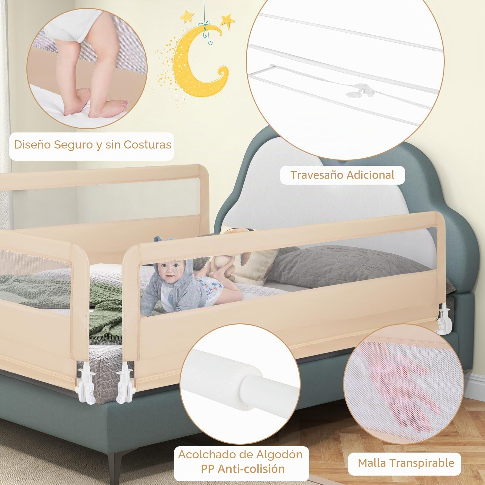 RELAX4LIFE Barrera Seguridad Niños Cama Plegable 150/180cm con Correas de Seguridad y Funda Tela Oxford Removible, Barandilla Cama Niño para Cuna, Cama Gemelo/Doble/Queen&King (Beige,180 x 41 x 55 cm)