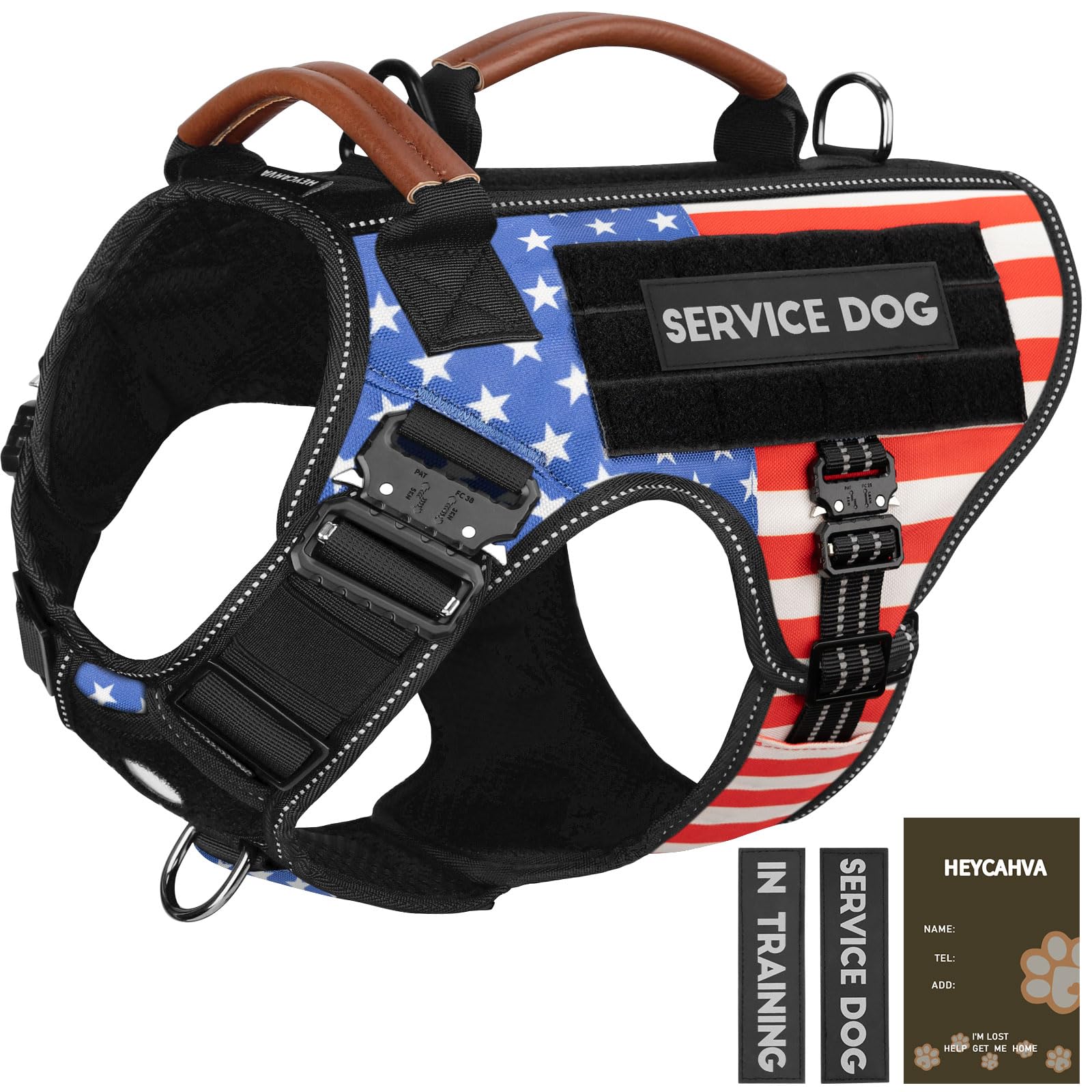 Service Dog Vest - HEYCAHVA Tactical Dog Harness Full Metal Buckles Dog Vest for Large Medium Dog Reflective No Pull Dog Harnesses with Leather Handle