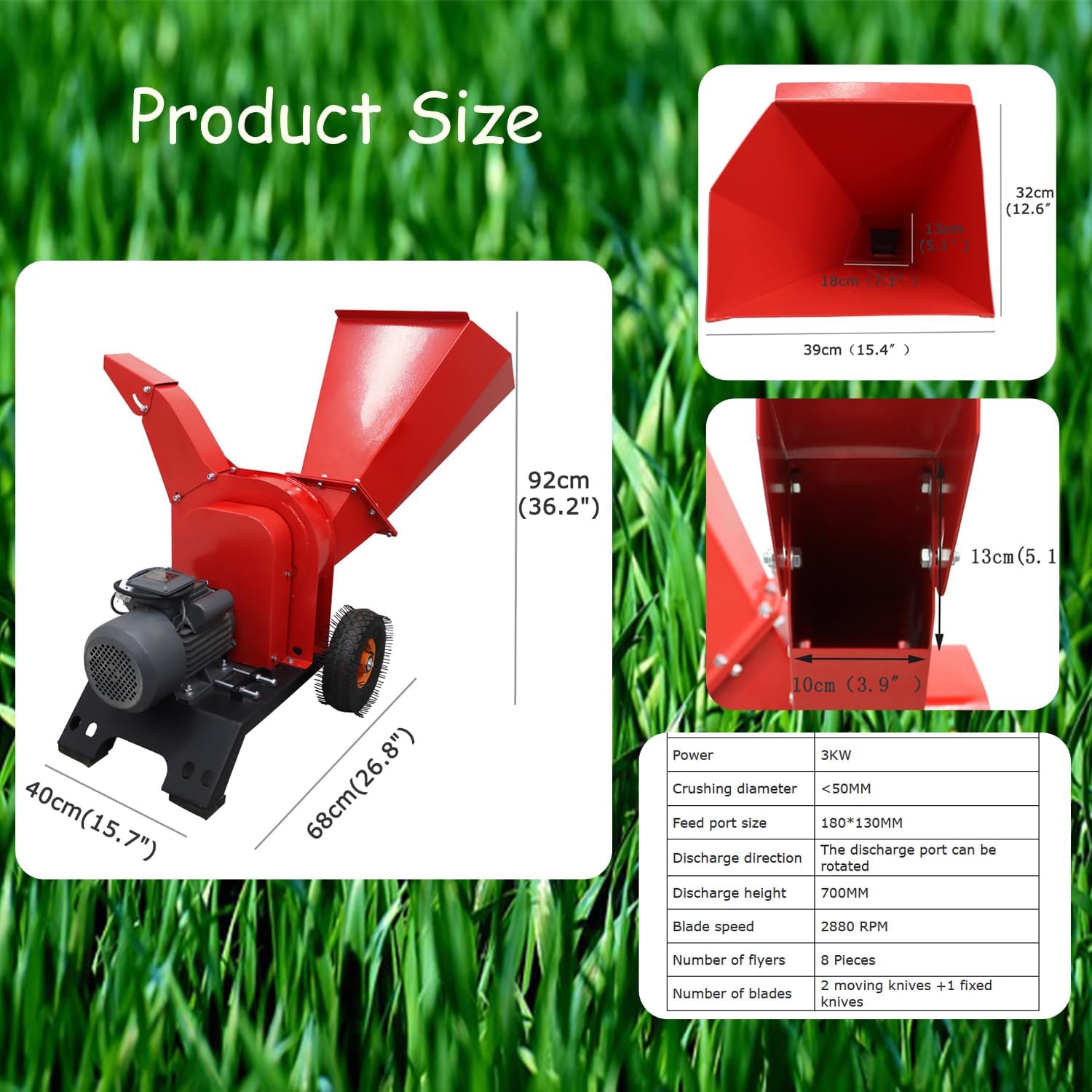 220V Wood Crusher Hand Pushed Leaf Branch Shredder Electric Wood Chipper Mulcher Branch Crusher for Straw, Grass, 3KW