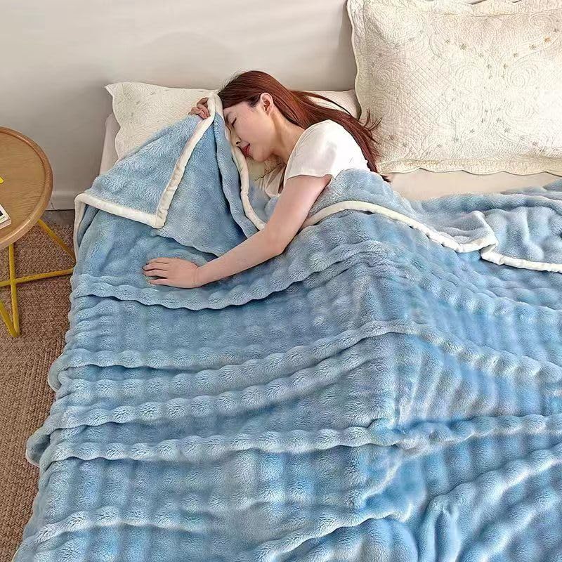 Image of Double Bed Blanket - Rabbit Fur Single Layer, Soft & Warm Winter Blanket, 200x230 cm Large Size, Lightweight Cozy Blanket for Adults & Home Decor- Sky Blue