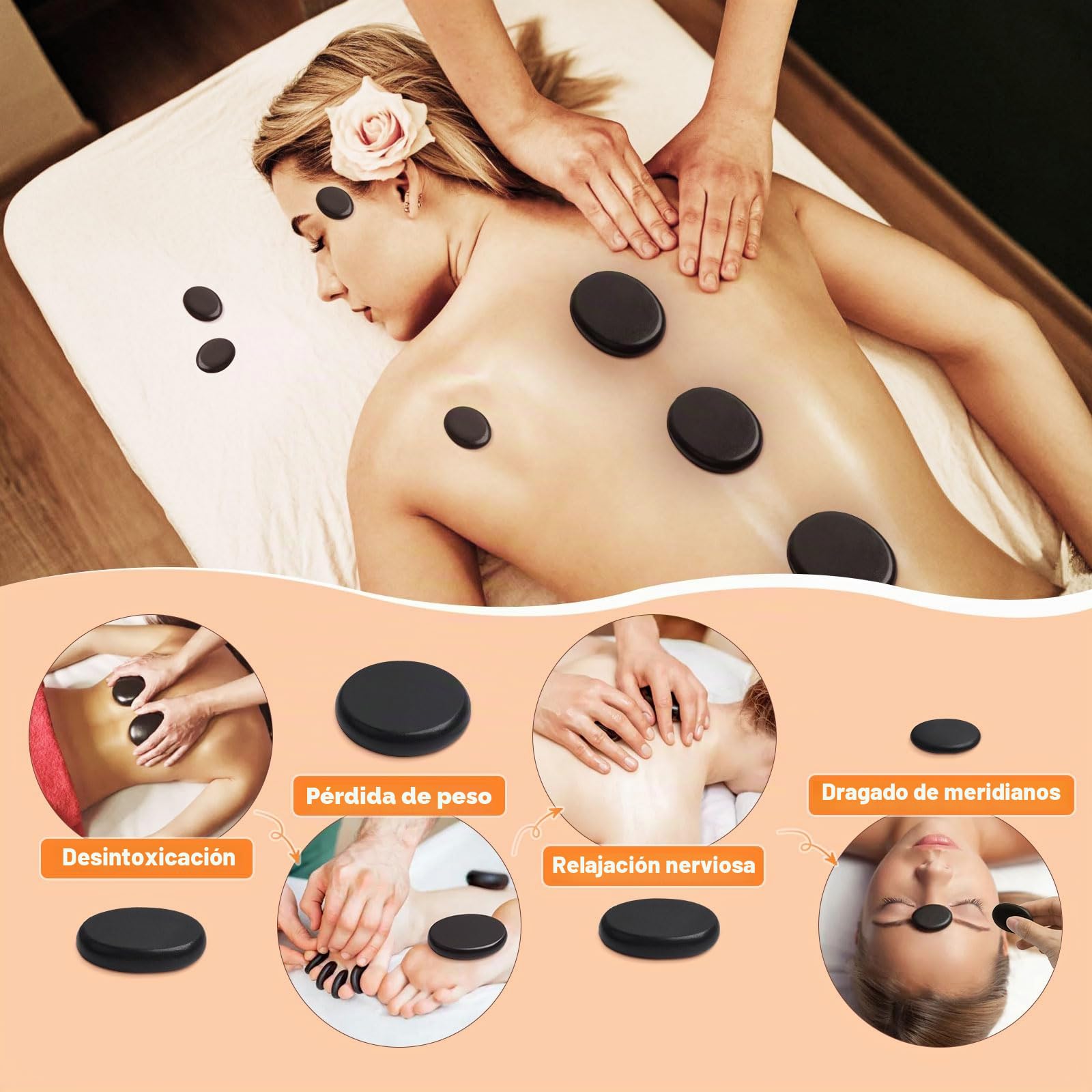 Juego de masaje de piedra caliente, piedras de lava para masaje, 9 piedras de masaje de basalto en maletín térmico, portátil, adecuado para uso doméstico, spa, terapia de masaje y relajación