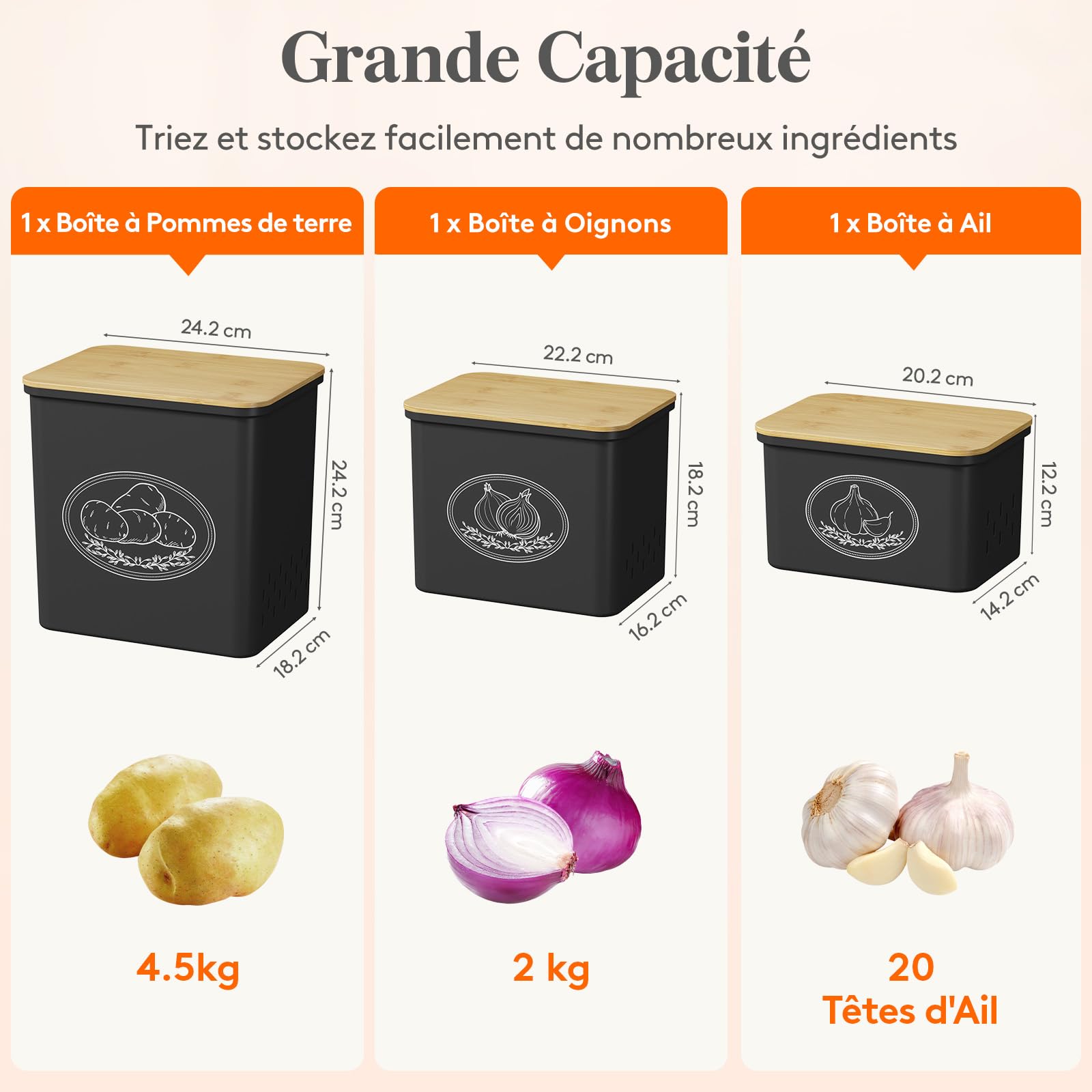 Lifewit Rangement Pomme de Terre, Grande Boite Oignons avec Couvercle et Des Trous de Ventilation, Boîtes de Legumes Rangement Cuisine en Plastique Empilables, 24 cm(H), Noir, 3 Pièces