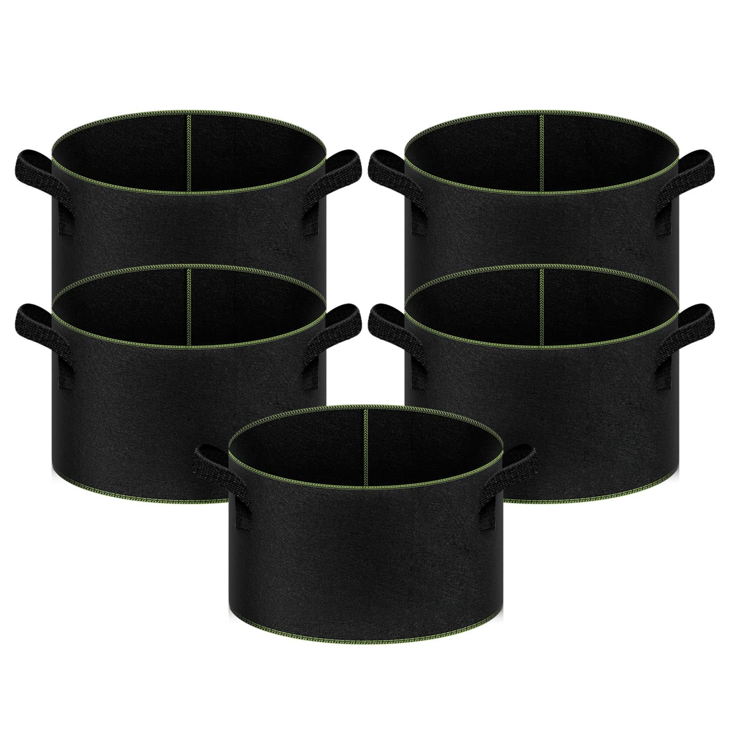 iPower 20-Gallon 5-Pack Grow Bag Thickened Nonwoven Fabric Pots Heavy Duty Aeration Container with Strap Handles for Garden and Planting Vegetable Flowers, Black with Green Stitch Sewing
