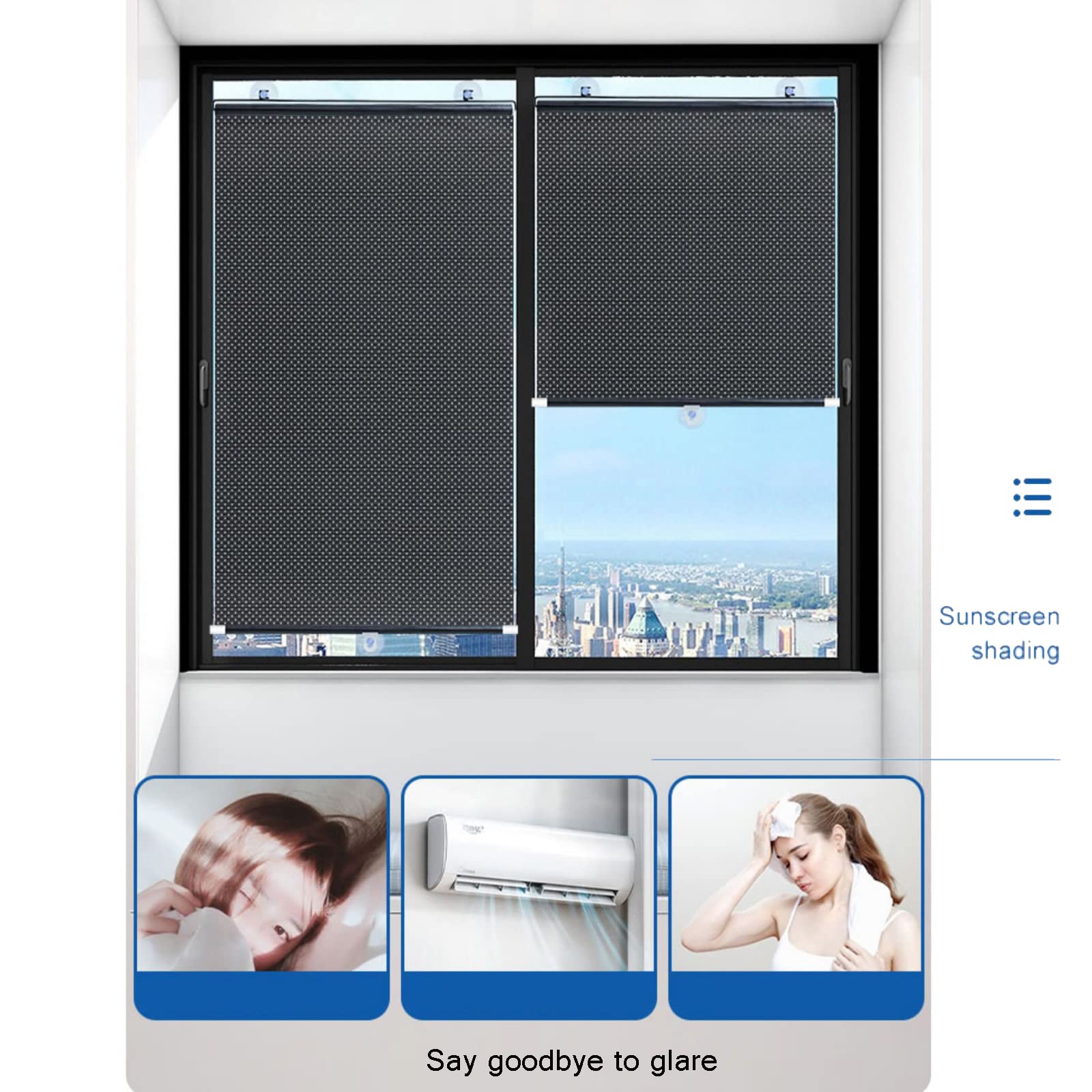 Verduisteringsrolgordijn, met zuignap, zonwering, balkon, intrekbaar, zonder boren, raamgordijnen, privacyjaloezieën/zonwering, voor kantoor/auto, 70 x 140 cm