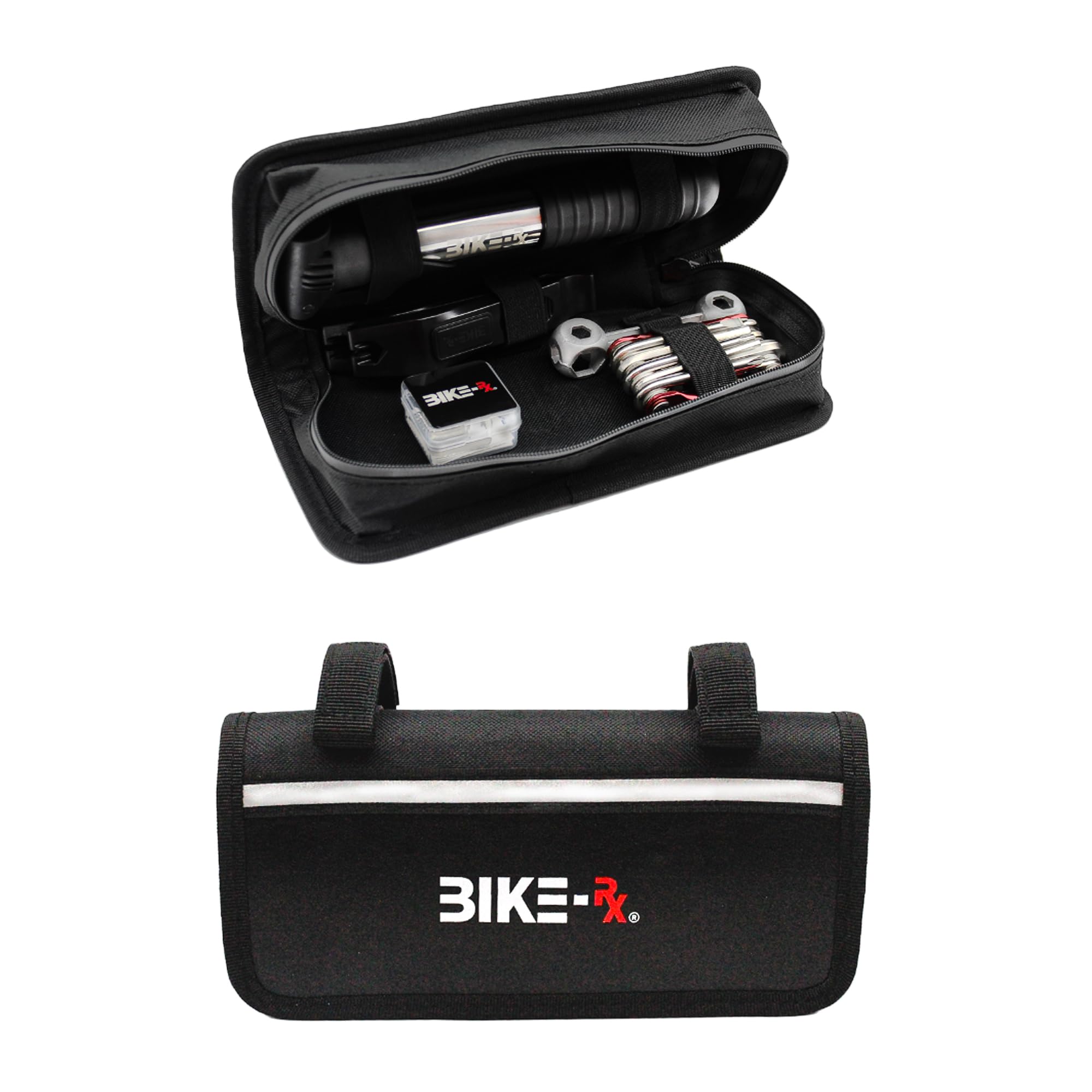Bike Rx Bike Repair Kit Tool Bag – 16-in-1 Multitool, 120PSI Mini Pump, Tire Levers, Patches, Easy Bike Maintenance Kit for BMX, Road, Mountain, & E-Bikes, Portable Tool Kit for Emergencies & Repairs