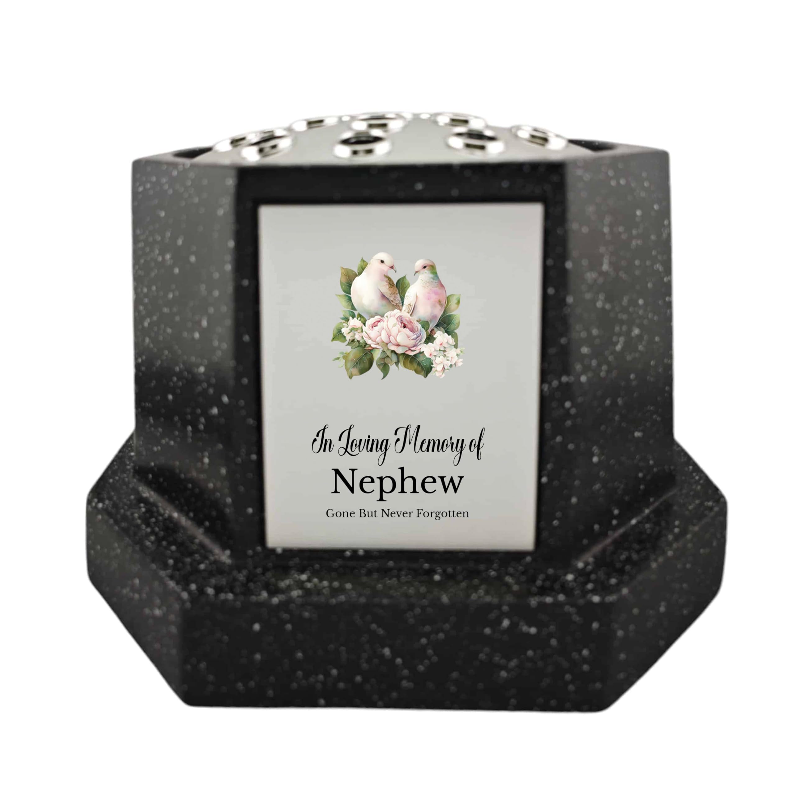 1stclassgifts In Loving Memory Of Memorial Octagon Rose Bowl Grave Marker Flower Pot Vase With Doves Design Mum & Lots More Black/Silver (UV PRINTED) (Nephew)