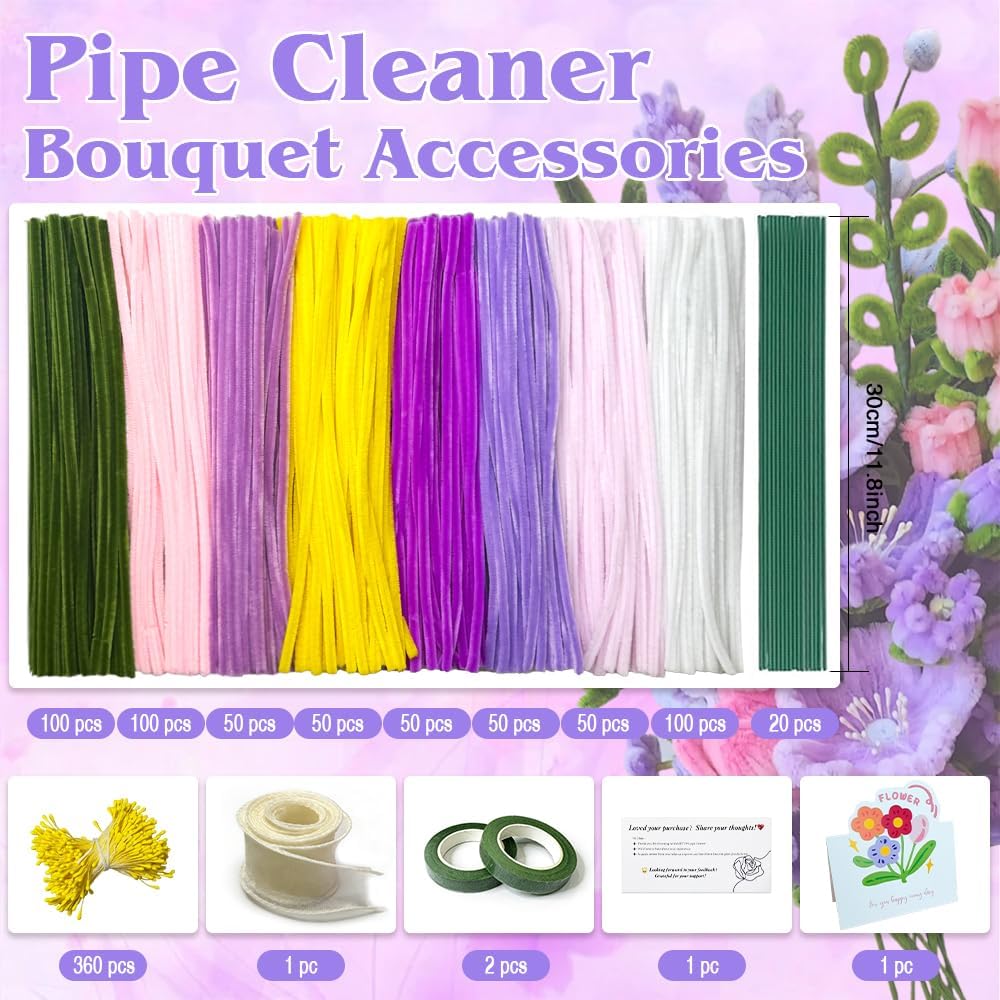 985-Piece Jumbo Size Premium Muti-Color Pipe Cleaner Craft Kit with Floral Supplies - Chenille Stems, Flower Wires, Stamens & Video Tutorial for Wedding Decorations (Purple Pink Set, Jumbo Craft Set)