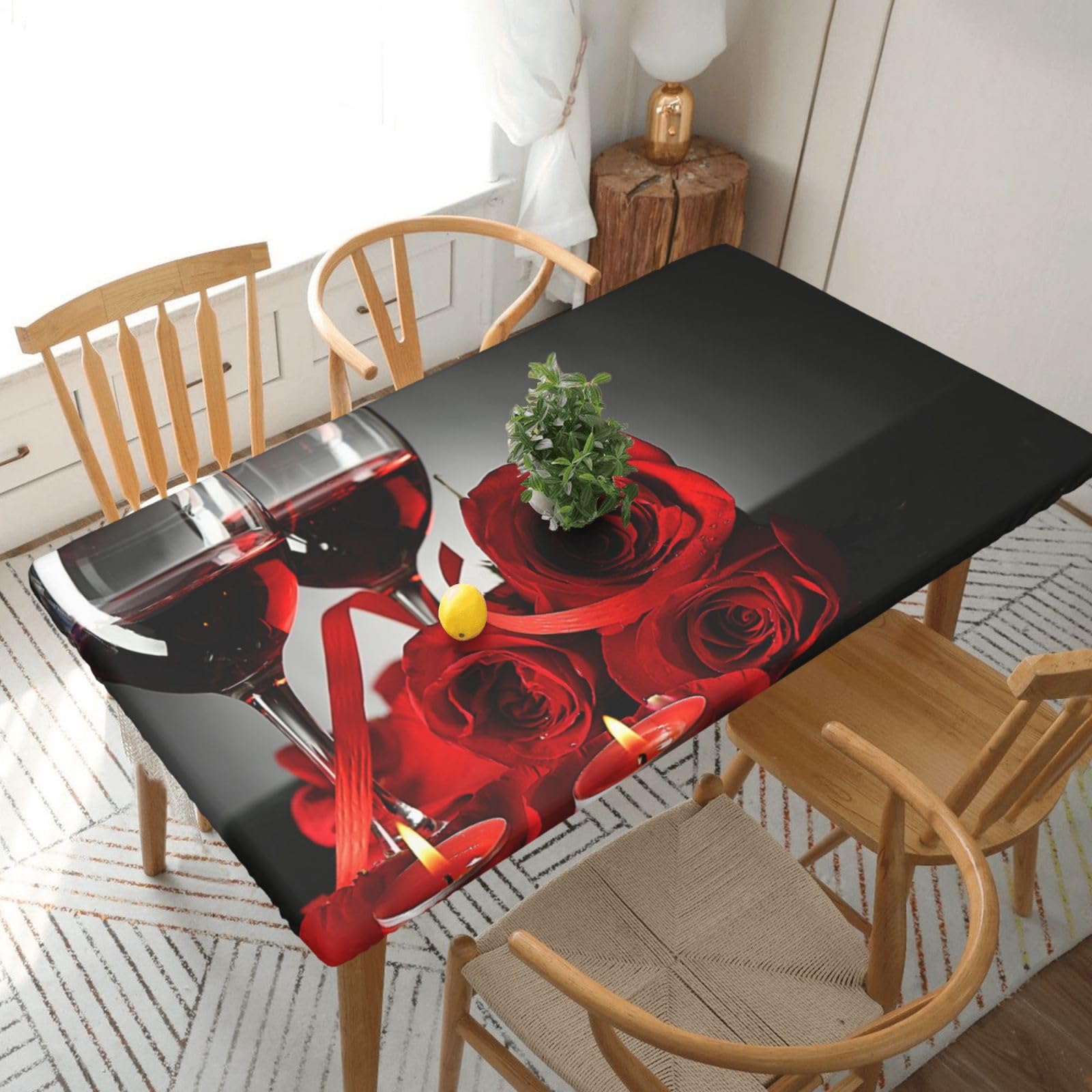 BNVSADC Red Rose and Wine Romantic Lovers Decor Printed 5FT Tablecloth Polyester Kitchen Water Resistant Table Cloth Dining Table Decoration Table Covers, 152x76 CM