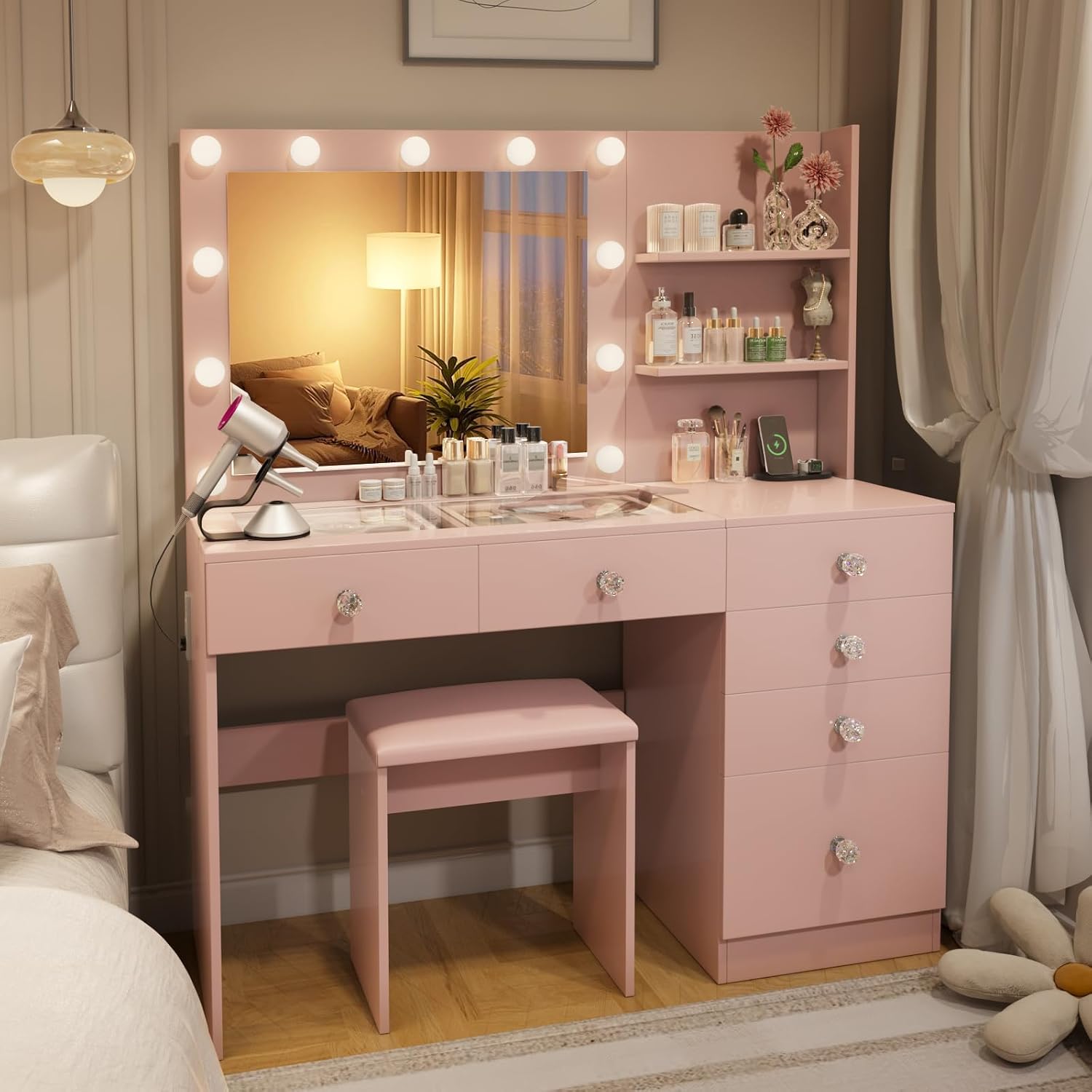 VOWNER 47" Vanity with Glass Top - Makeup Vanity Desk with Outlet, 6 Drawers, 3 Storage Shelves and Mirror, 3 Color Lighting with Dimming Brightness, Makeup Desk with Stool for Bedroom, Pink