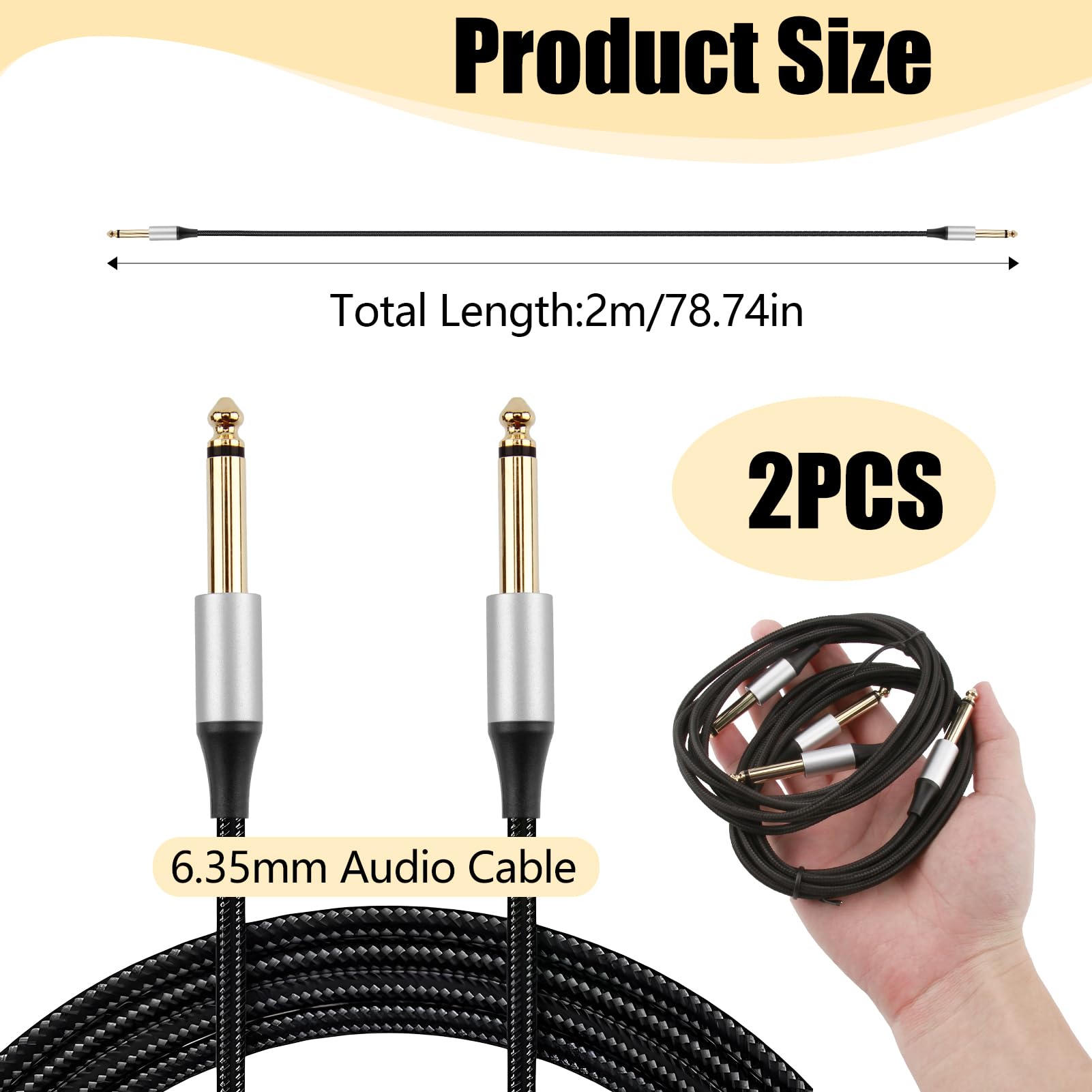 RJLLKD 2 Pack Guitar Cable 2M 6.35mm to 6.35mm Straight Jack to Jack 1/4" Instrument Cable Amp Balanced Lead for Electric Guitar Bass - Image 2