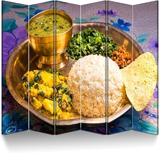 6 Panel Room Divider Screen Dal Bhat Traditional Nepali Meal Platter Folding Privacy Screen Canvas Wall Divider Wood Room Separator Portable Freestanding Partition 6Ft