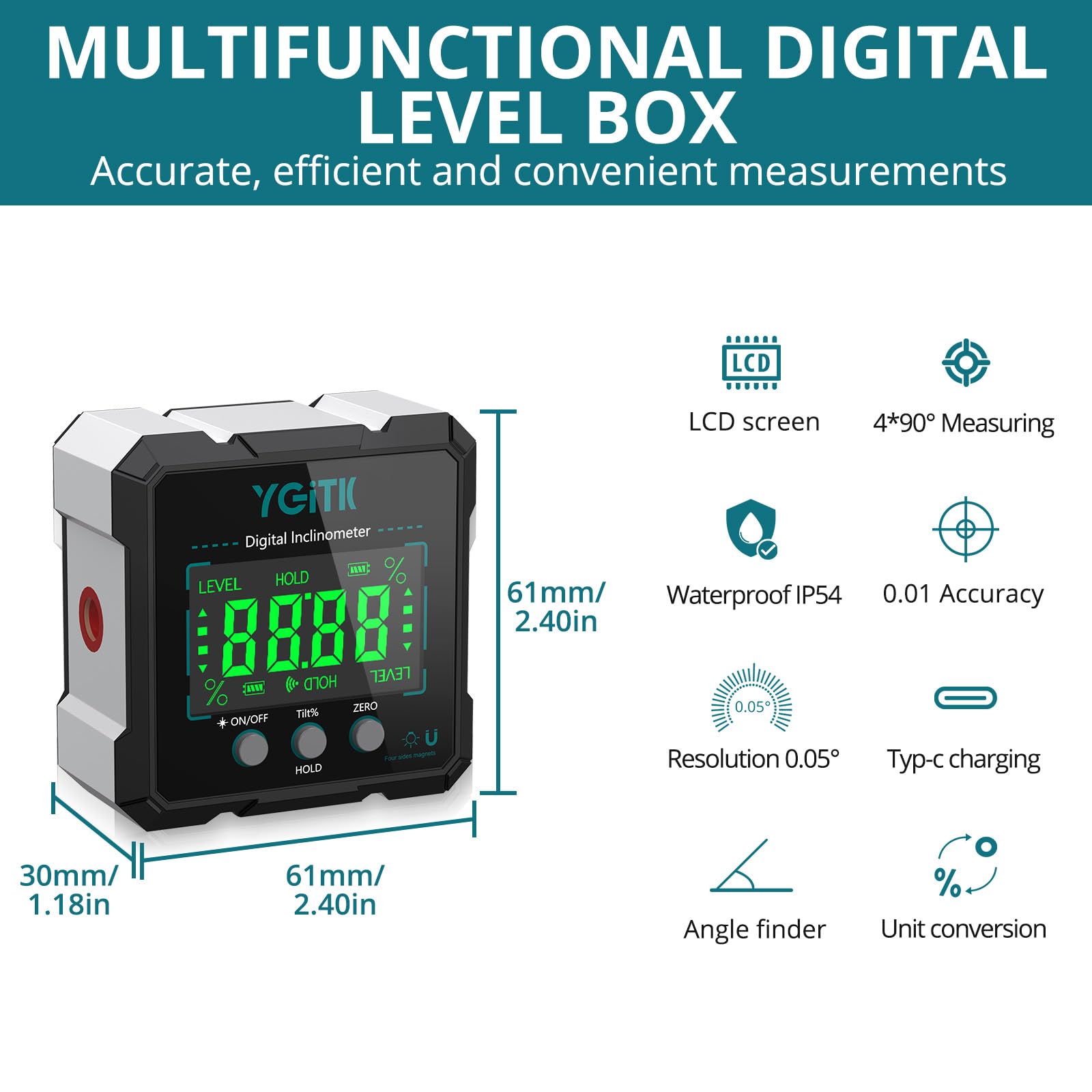 Inclinomètre Numérique 4x90° Rechargeable avec Double Laser – Niveau Digital Magnétique IP54 ±0,1° LCD Rétroéclairé– Rapporteur d’Angle Électronique pour Menuiserie, Construction DIY