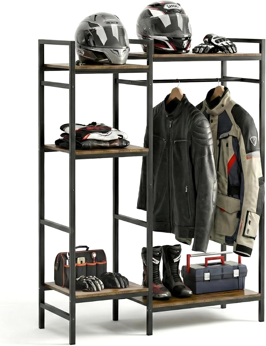 TONGMO Motorcycle Gear Rack, Heavy Duty Helmet Stand, Large Motorcycle Gear Storage Rack for Helmet, Jacket, Boots & Riding Accessories