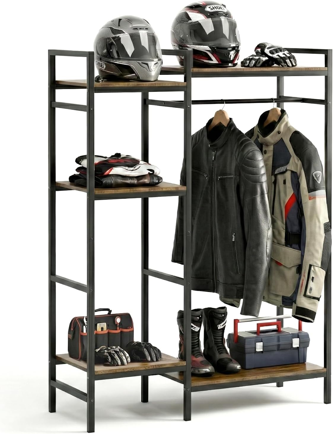 TONGMO Motorcycle Gear Rack, Heavy Duty Helmet Stand, Large Motorcycle Gear Storage Rack for Helmet, Jacket, Boots & Riding Accessories