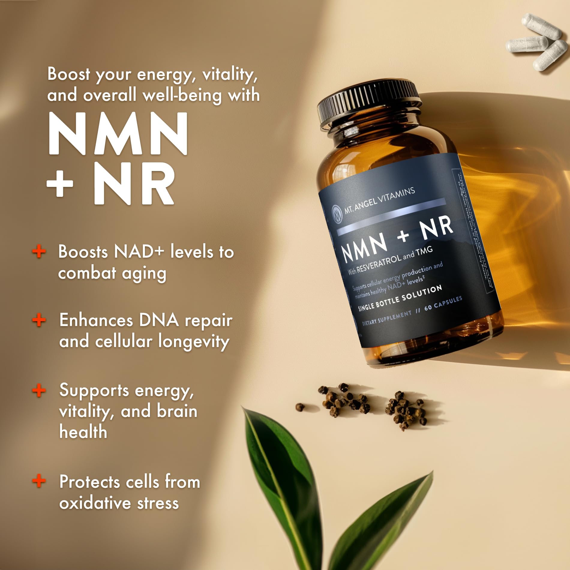 Mt. Angel Vitamins NMN Supplement + NR with Resveratrol & TMG, Dual NAD+ Precursors for Cellular Energy & Healthy Aging, 60 Capsules — Amazon image 3
