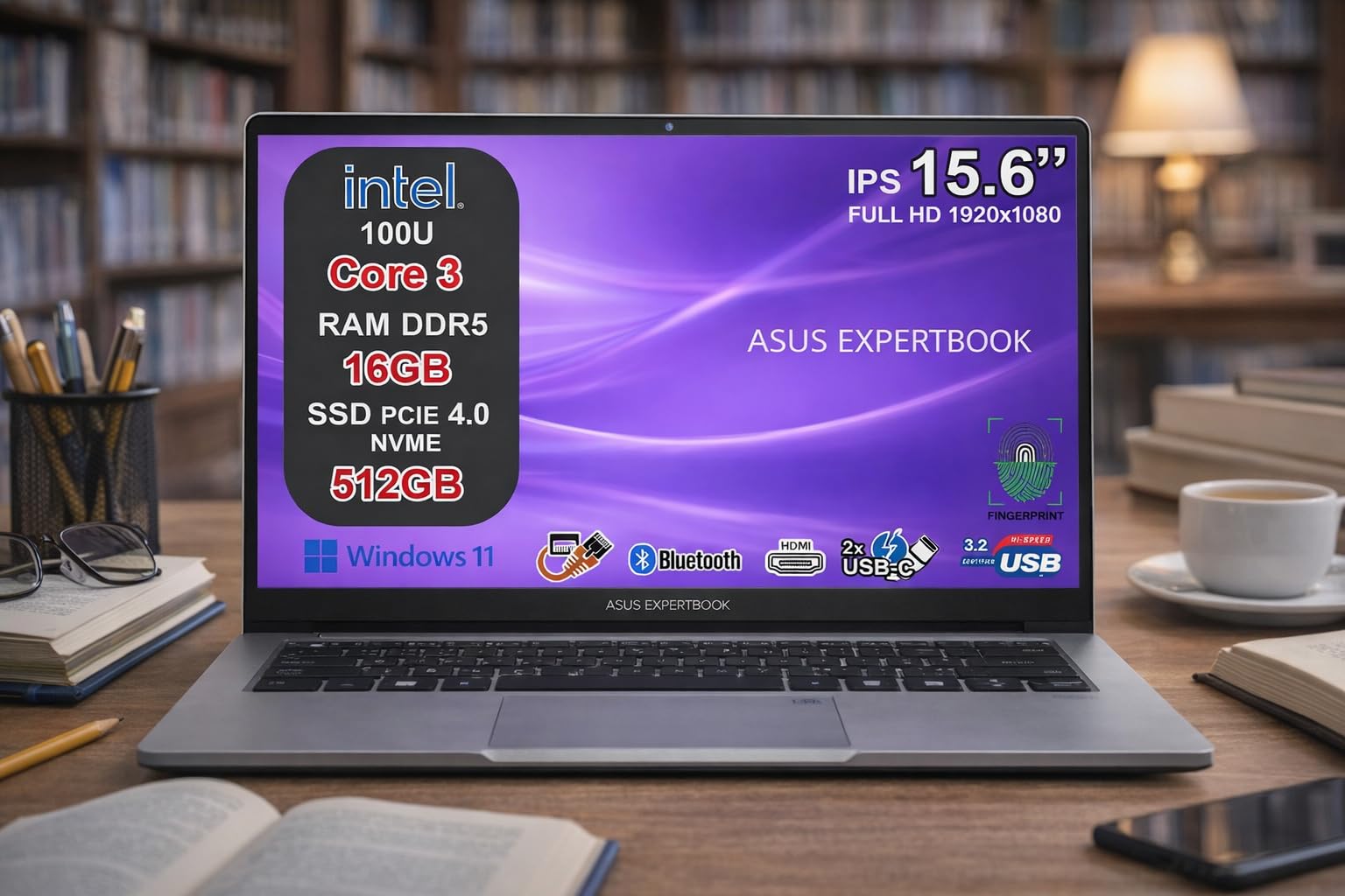 ASUS ExpertBook P1 Notebook, Intel Core 3 100U, 16GB DDR5, SSD 512GB NVMe PCIe 4.0, Display 15,6" FHD Antiriflesso, USB-C Gen2, LAN RJ45, Wi-Fi 6, Bluetooth 5.4, Windows 11, 24 Mesi Garanzia