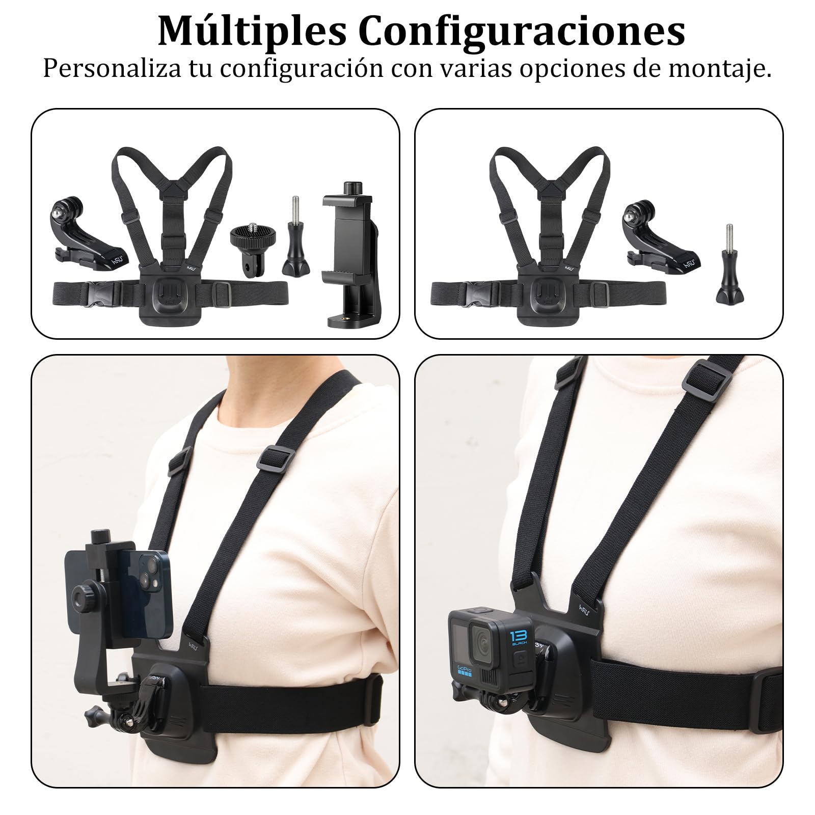 HSU Soporte para teléfono móvil con correa para el pecho, con cierre rápido J-Hook Clip para cámara de acción y soporte para teléfono móvil, set de accesorios para grabación de vídeo POV/VLOG