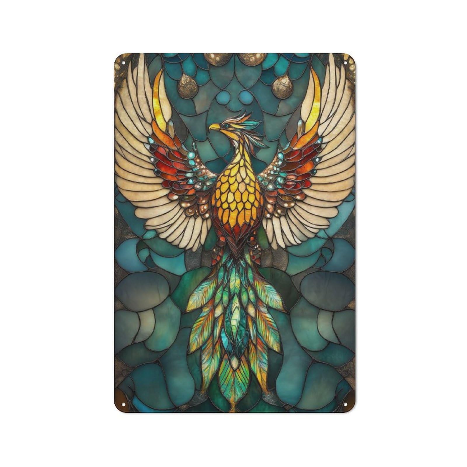 Junmoney Style-12 Retro Metal Plaque 30X20cm Featuring Phoenix Stained Glass For Workshop Wall, For Metal Sign Collectors, For Garage And Workshop Walls