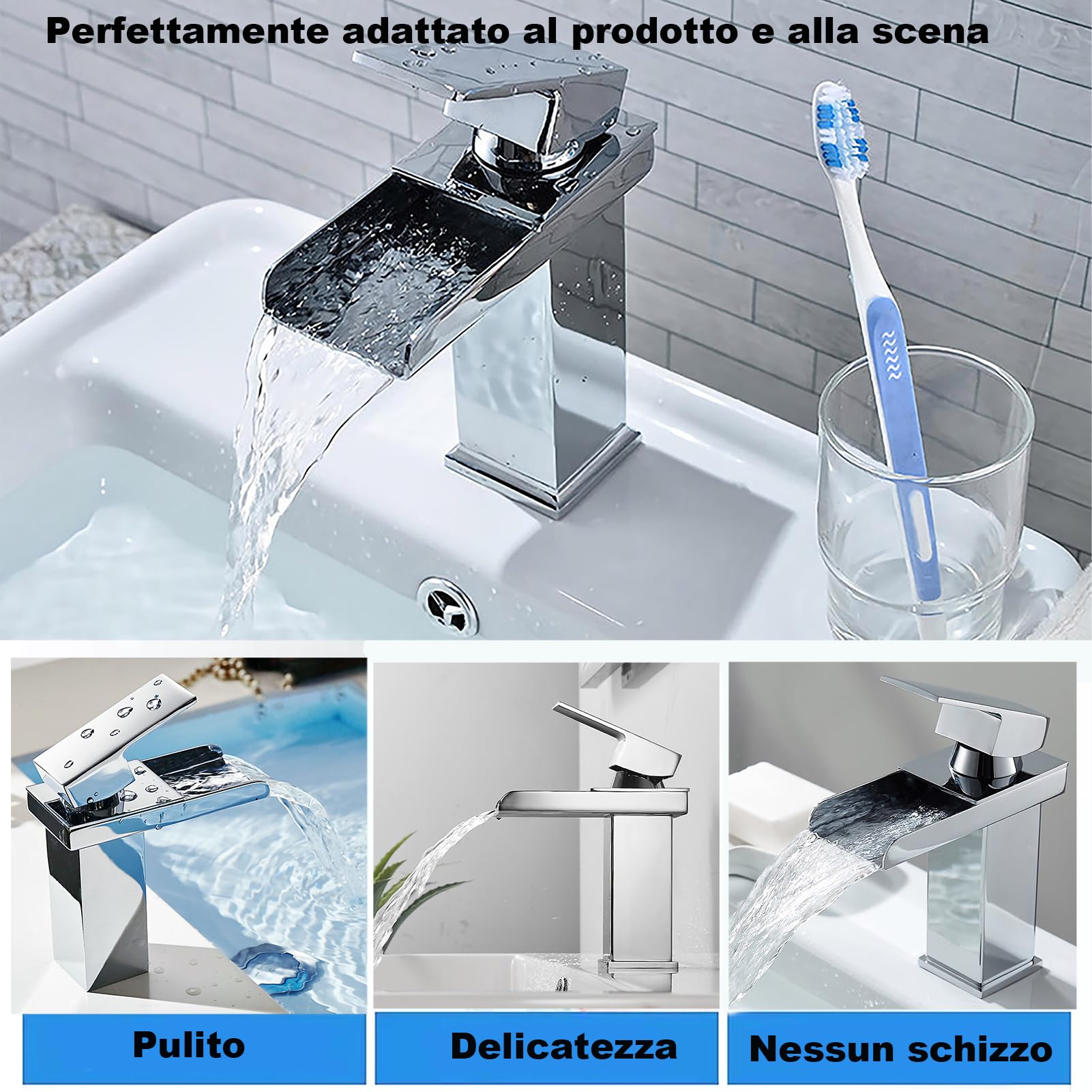 XWIHTR rubinetto a cascata per bagno, miscelatore per bagno in acciaio inox e ottone, risparmio idrico, rubinetto per lavabo, bocca calda e fredda, rubinetto monocomando per lavabo (cromo)