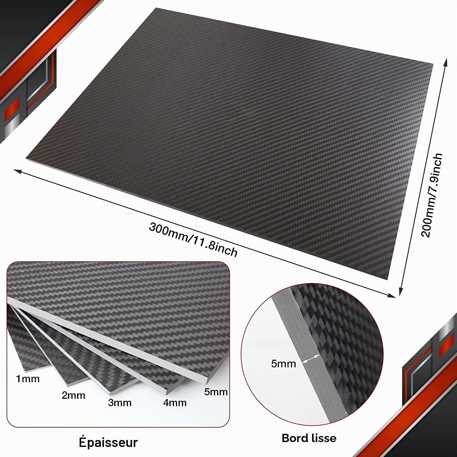 Plaque en fibre de carbone 100% 3K 200 x 300 0.5mm 1.0mm 1.5mm 2.0mm 2.5mm 3.0mm 4.0mm d'épaisseur (finition mate, 200X300X1.0MM)