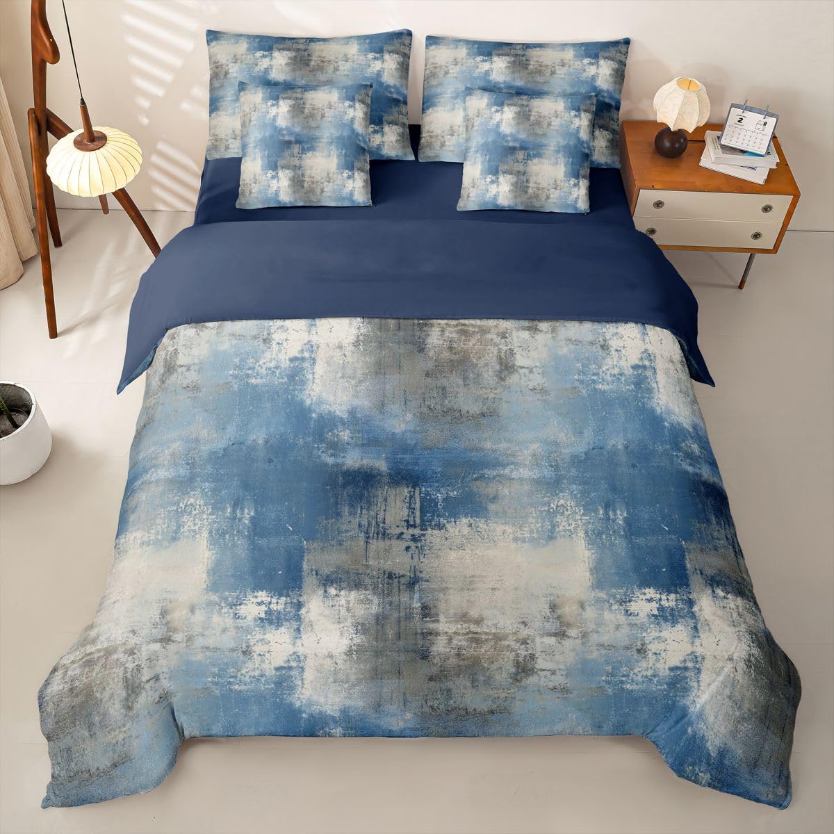 Loussiesd Set di biancheria da letto con copripiumino singolo astratto con lenzuola, per bambini, ragazzi e ragazze, arte geometrica ombré, 7 pezzi, grigio blu, sfumato, decorazione per la stanza