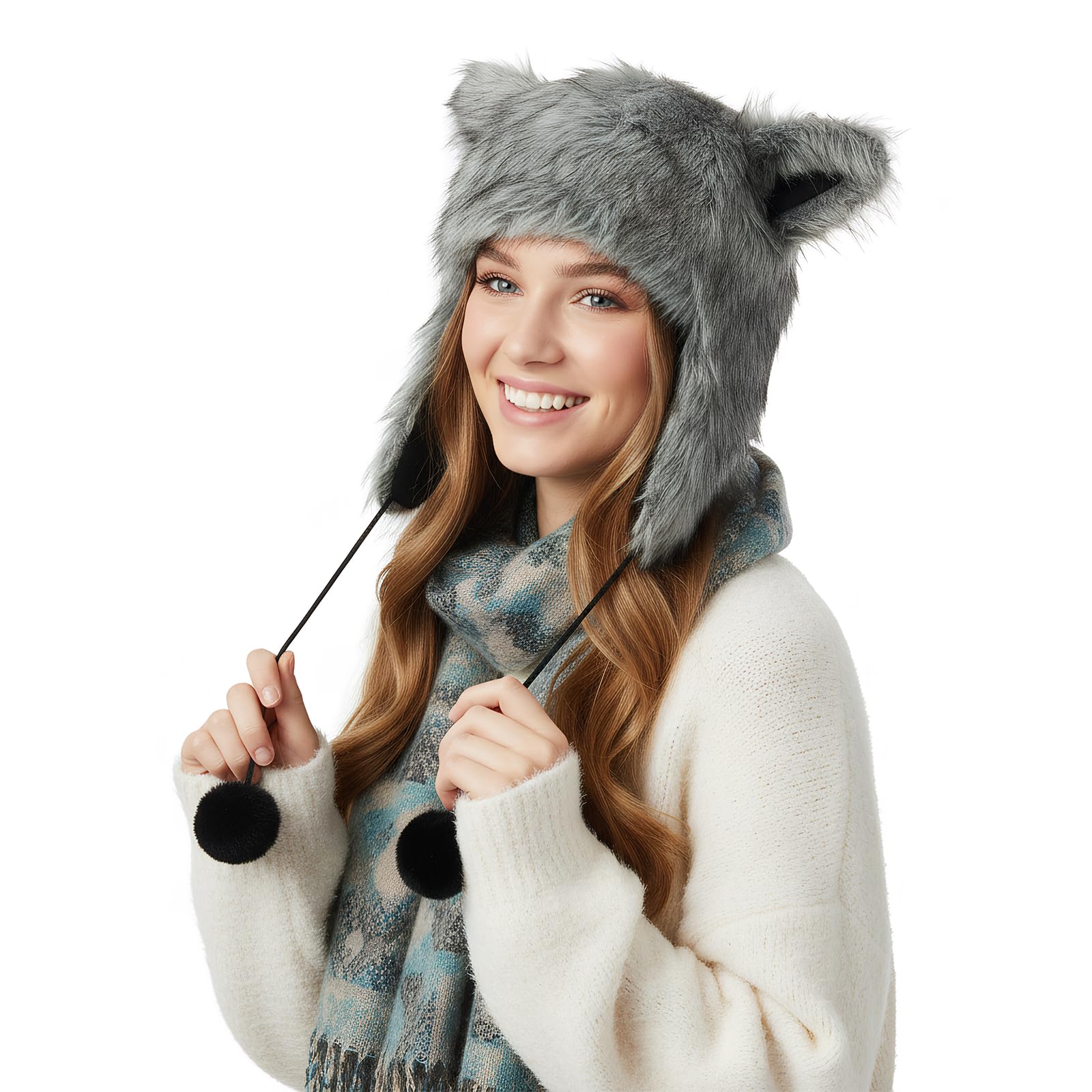 Furry Animal Ear Trapper Hats Women Men Winter Thick Warm Windproof Faux Fur Full Hood Earflap Caps Halloween Cosplay Carnival Christmas Party Cat Fox Wolf Ear Hat Skull Cap Costume Headwear