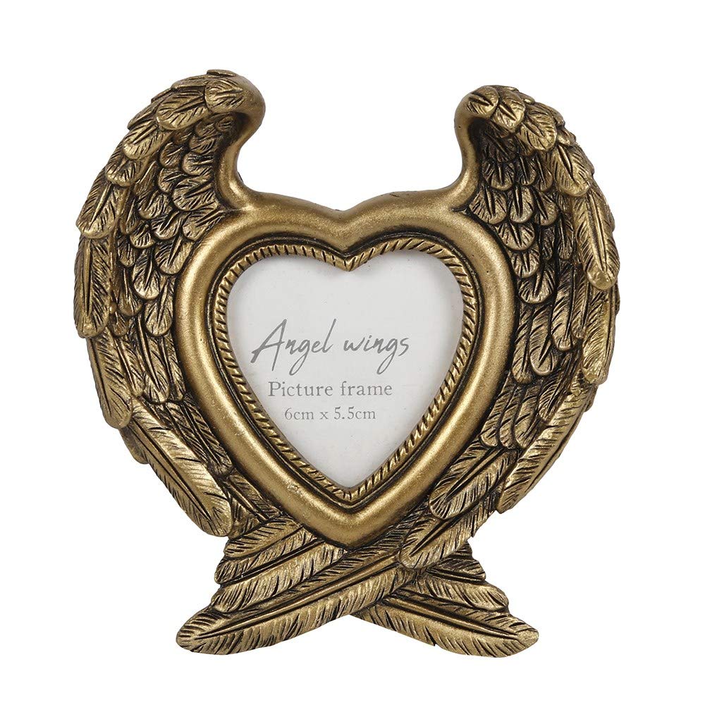 Elegant Antique Gold Angel Wing Photo Frame - 14cm x 13cm (1 Pc.) - Stunning Finish, Heart-Shaped Window - Perfect for Small Photographs