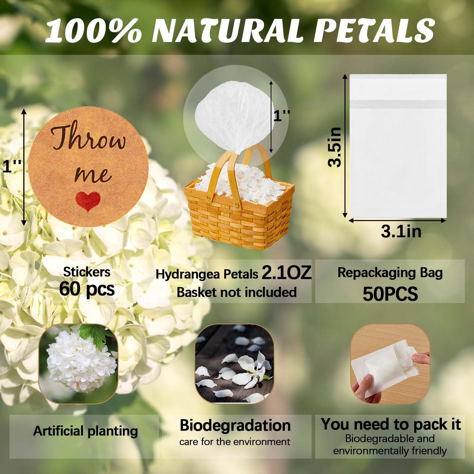 Wavwavw Paquete de 55 confeti biodegradables, pétalos de flores de hortensias secos blancos con 60 calcomanías de confeti de boda, pétalos de flores biodegradables para bodas, ideas de envío,