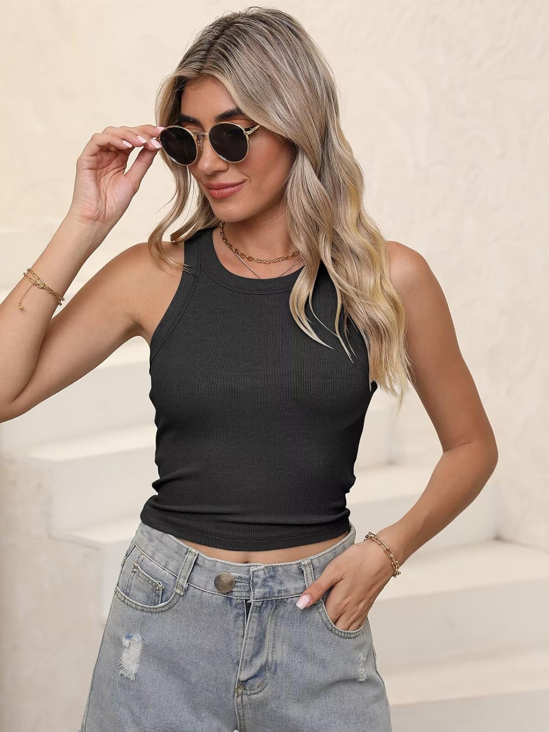 EADINVE Womens Racerback Ribbed Tank Tops Crewneck Sleeveless Shirts High Neck Thick Strap Slim Fit Tunic/Crop Tops 2026 - Image 5