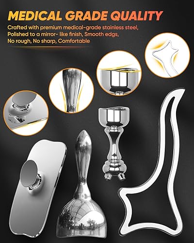 Miniatura 10 de ONUEMP Kit de herramientas de masaje de terapia de acero inoxidable, masajeador de cuerpo y cara para raspar Gua Sha, kit de Maderoterapia