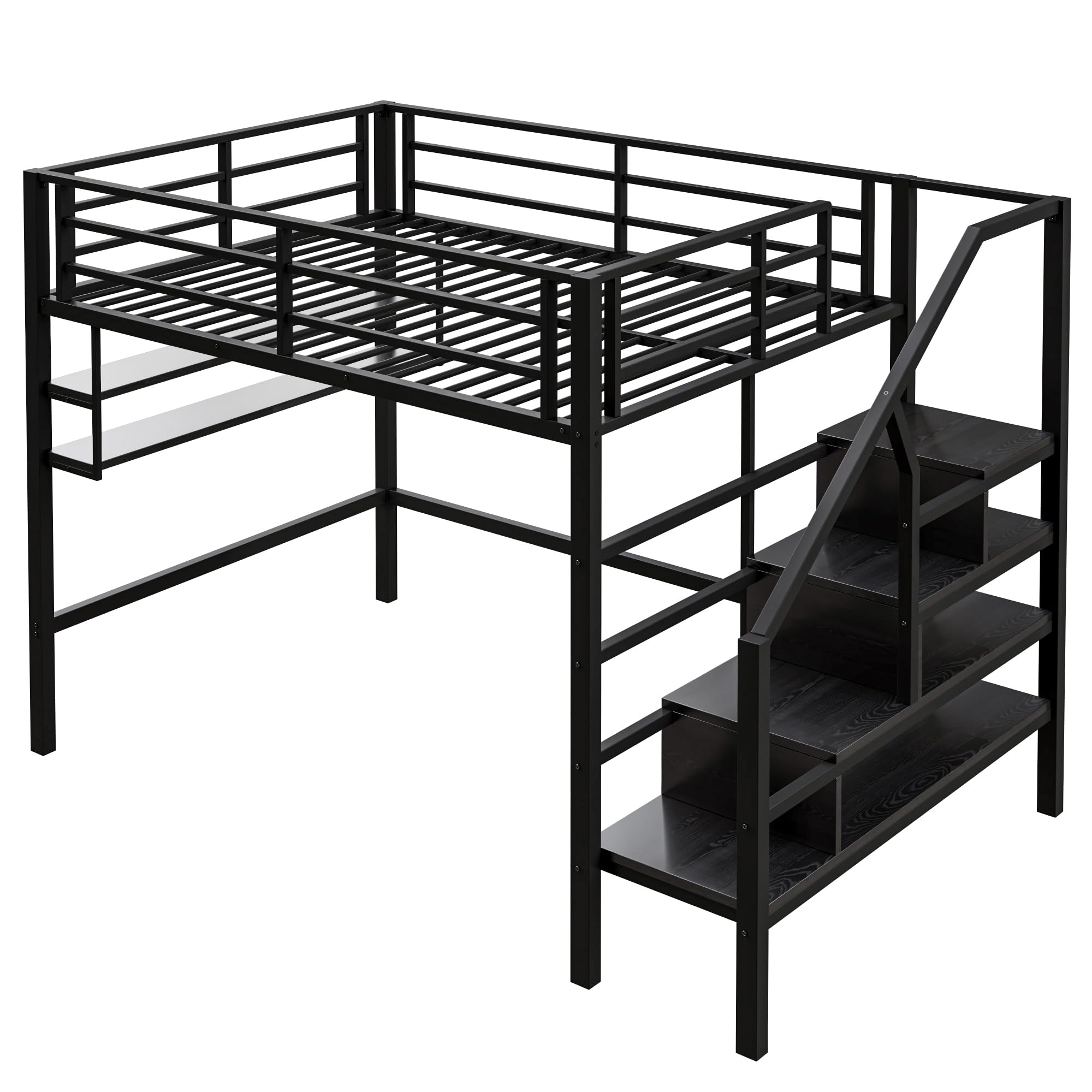 SACOOL Letto a soppalco, 140 x 200 cm, ripiano per riporre spazio sotto il letto, per il rivestimento, ringhiera senza materasso, colore nero
