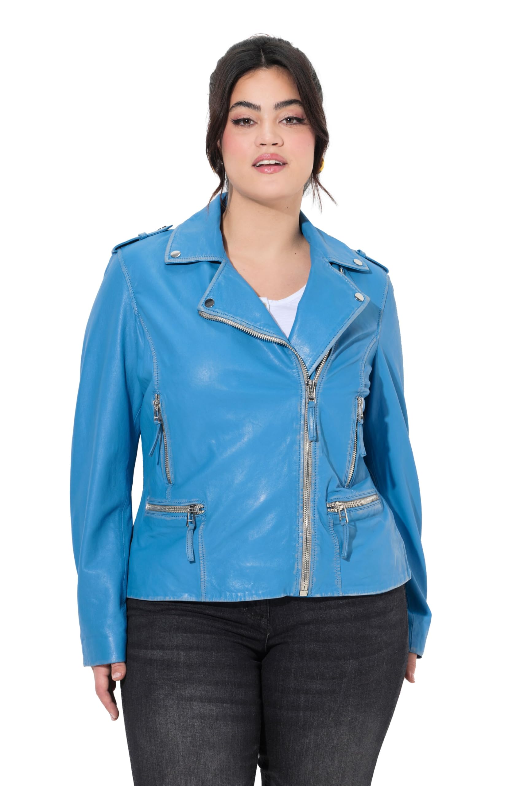 Angel of Style Damen große Größen Übergrößen Plus Size Leder-Bikerjacke, echtes Leder, Farbe, Langarm 838691