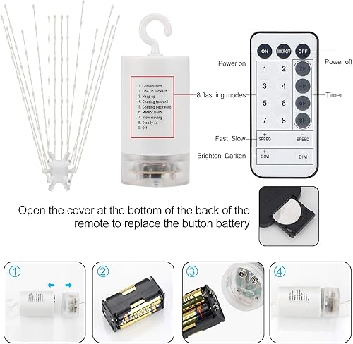 Miniatura 3 de Tiandirenhe Tira de luces colgantes con forma de estrella en explosión, 112 luces LED de fuegos artificiales, luces de meteorito con control remoto,
