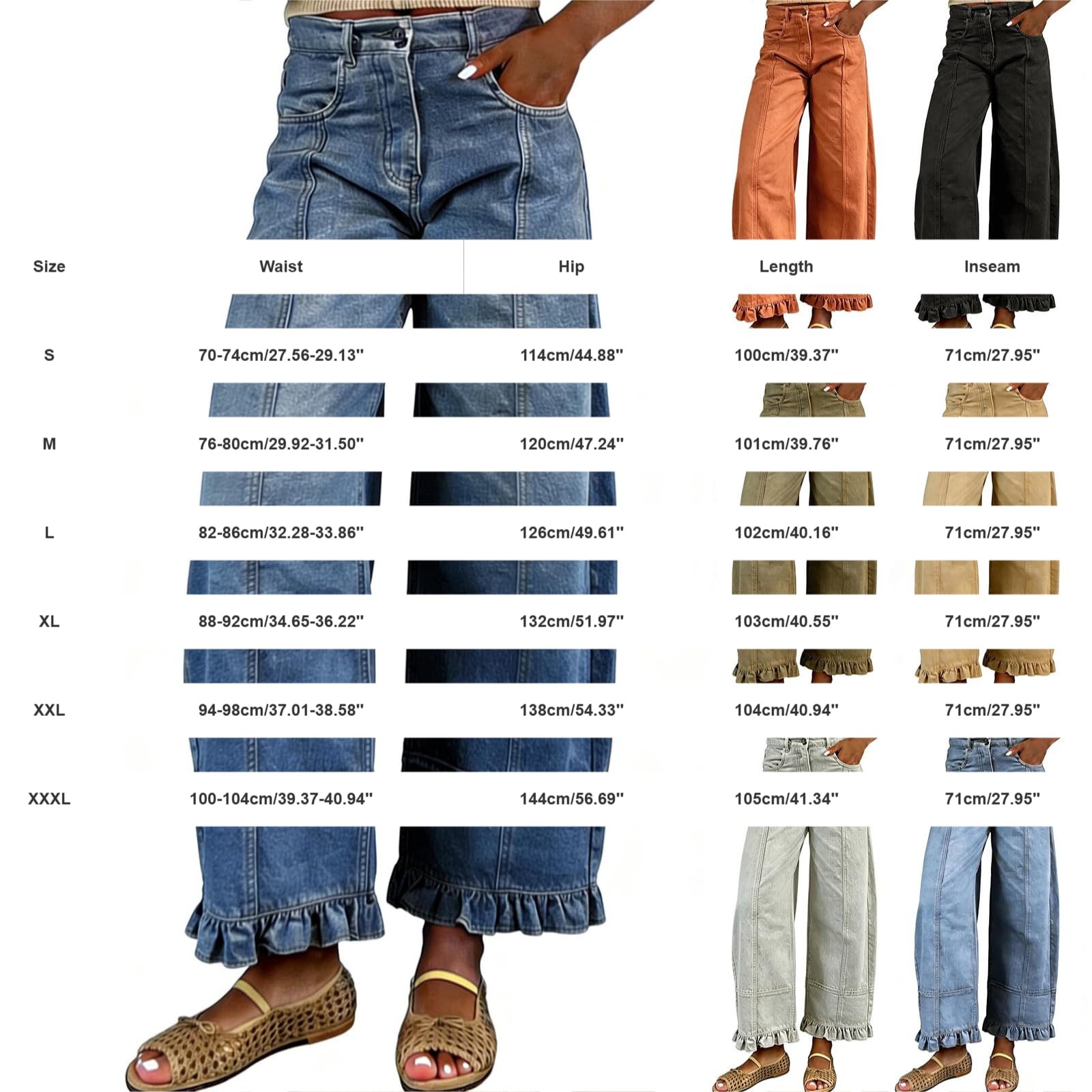 Jeans da donna taglie forti, jeans da donna a vita alta, gamba larga | Eleganti pantaloni in denim con volant, stile patchwork, stile Harajuku, per il tempo libero, per adolescenti e ragazze