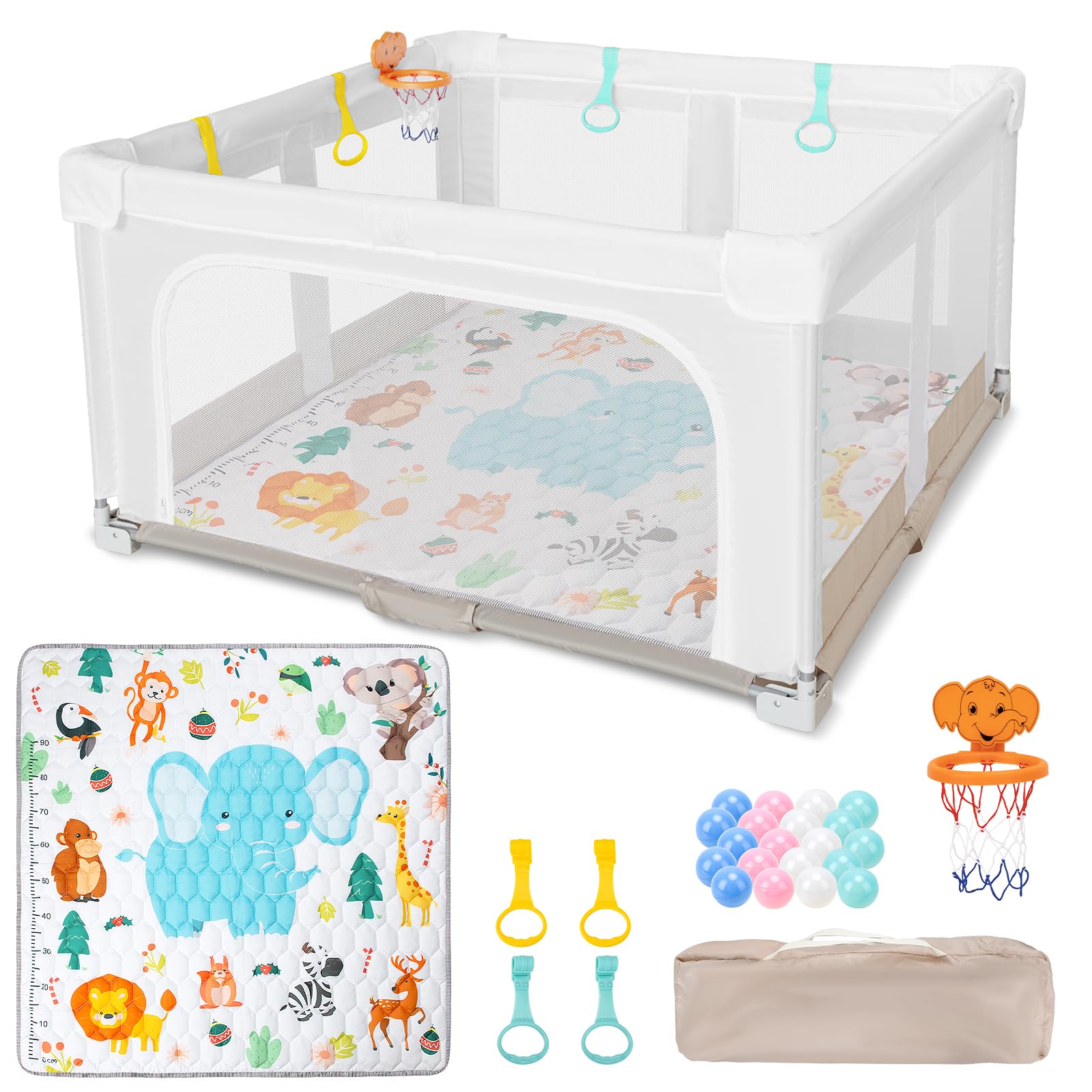 Grand Parc Pliable pour Bébé avec Tapis de Jeu:127x127x70cm pour l'intérieur et l'extérieur,Avec 20 Balles Océaniques,1 Panier de Basket,4 Poignées et 1 Sac de Transport